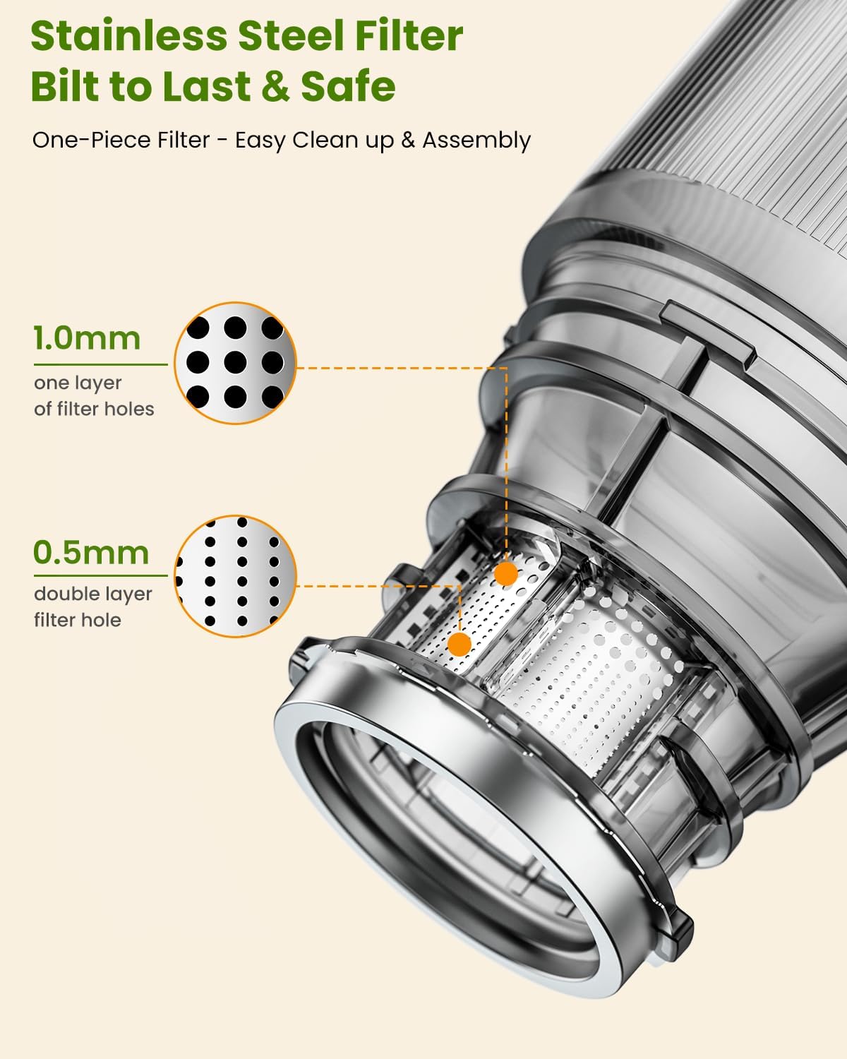Stainless Steel Filter Built to Last & Safe

One-Piece Filter – Easy Clean up & Assembly

1.0mm one layer of filter holes

0.5mm double layer filter hole