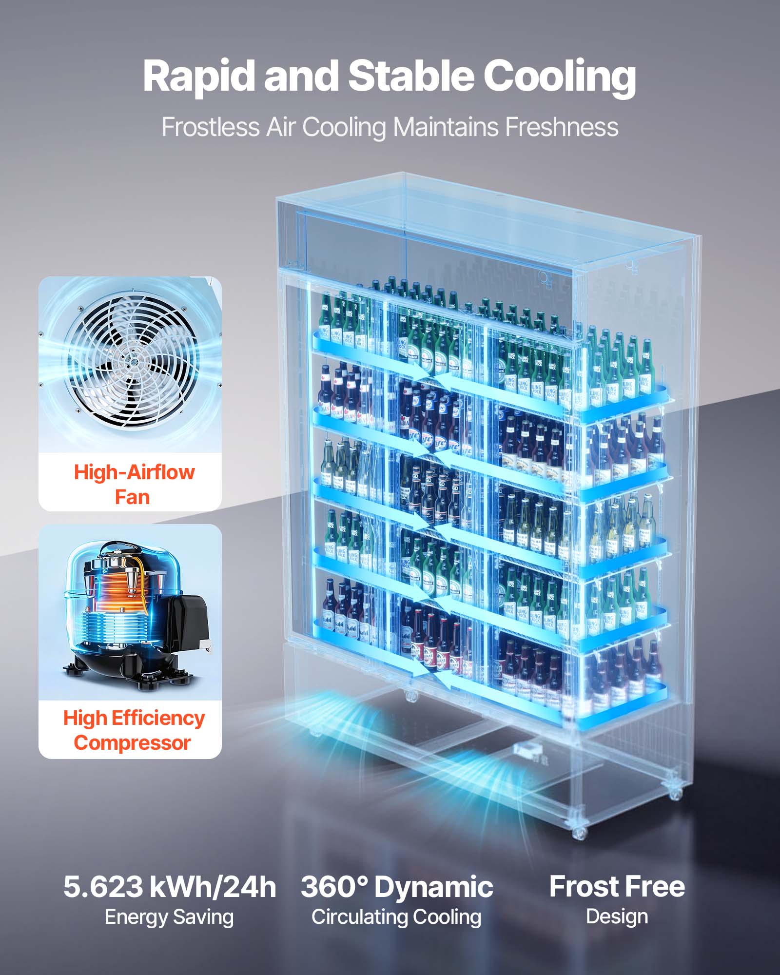 Rapid and Stable Cooling  
Frostless Air Cooling Maintains Freshness  

High-Airflow Fan  
High Efficiency Compressor  

5.623 kWh/24h  
360° Dynamic Frost Free Energy Saving Circulating Cooling Design