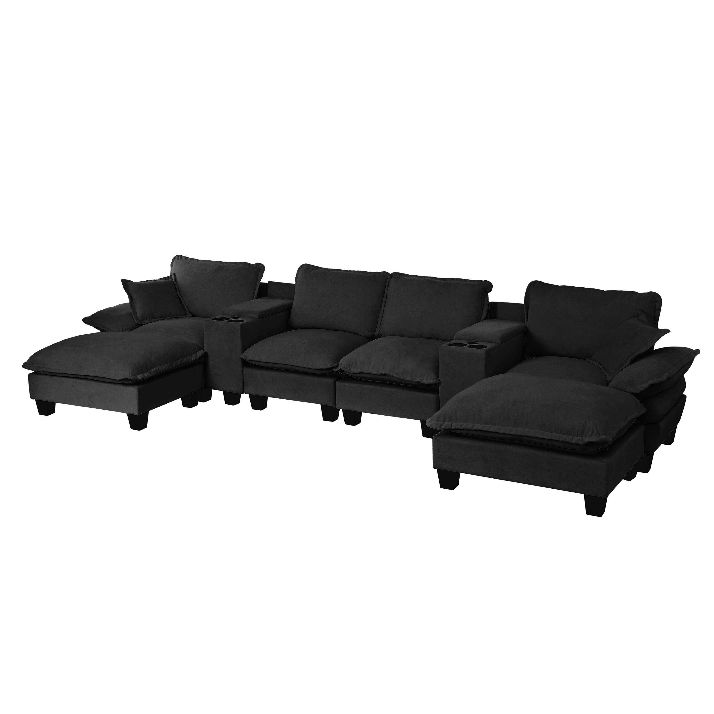 Back. Anysun - U-Shape Chenille Sailboat Cloud Sofa - 2 Storage Consoles with Cup Holders & USB, 2 Ottomans & 2 Pillows - Black.