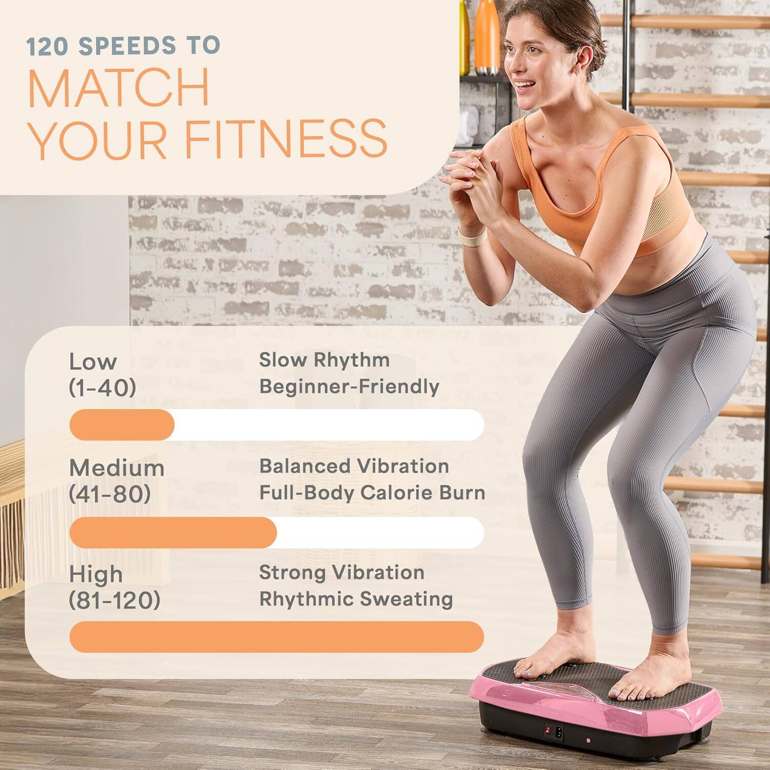 120 SPEEDS TO MATCH YOUR FITNESS

Low (1-40)  
Slow Rhythm  
Beginner-Friendly

Medium (41-80)  
Balanced Vibration  
Full-Body Calorie Burn

High (81-120)  
Strong Vibration  
Rhythmic Sweating