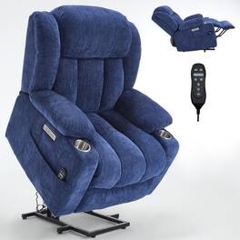 LUCKY ONE - Chenille Power Lift Recliner Chair with Massage and Heat, USB and Type C Ports, 2 Steel Cup Holders for Elderly - Deep Blue
