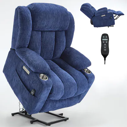 Front. LUCKY ONE - Chenille Power Lift Recliner Chair with Massage and Heat, USB and Type C Ports, 2 Steel Cup Holders for Elderly - Deep Blue.