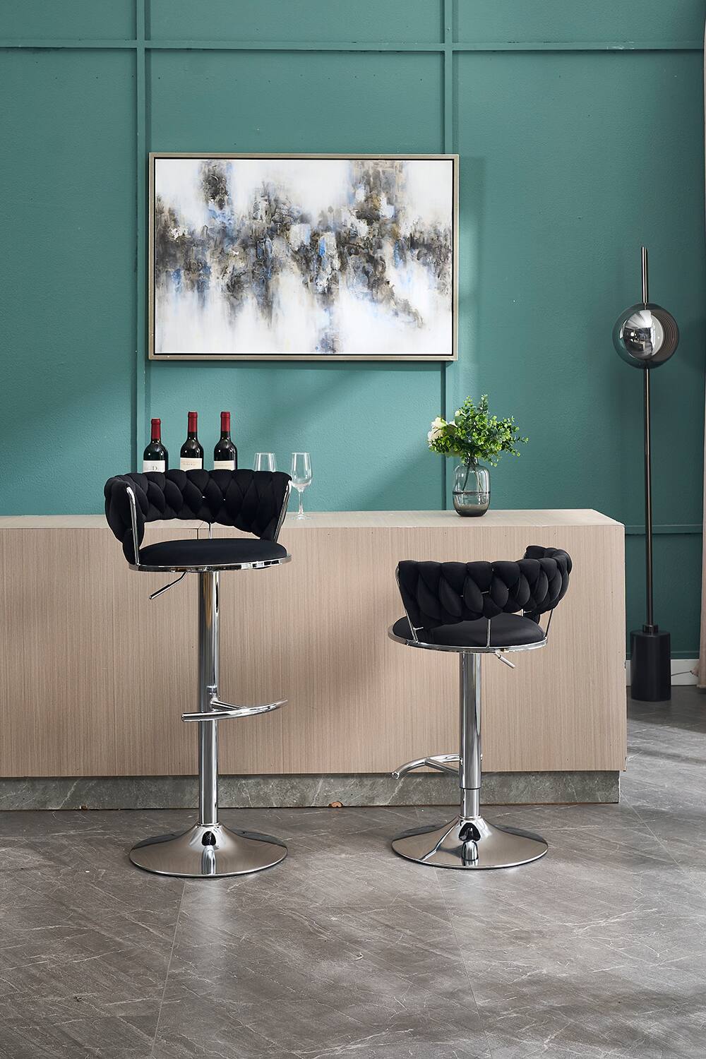 Angle. APRILSOUL - Set of 2 Bar Stools Chrome Footrest Base Swivel Height Adjustable Velvet Chrome Leg BLACK - Black.