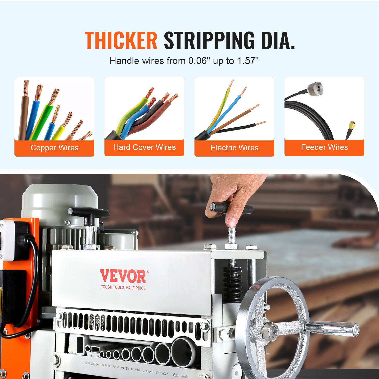 THICKER STRIPPING DIA.  
Handle wires from 0.06" up to 1.57"  
Copper Wires  
Hard Cover Wires  
Electric Wires  
Feeder Wires  

VEVOR TOUGH TOOLS, HALF PRICE  

6a30  
10-24 10~10  $1006 032-412 $23-036