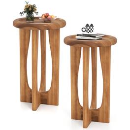 Gymax - 2PCS 14'' Round Mahogany Accent Table Farmhouse End Table w/ Round Tray Top - Yellow
