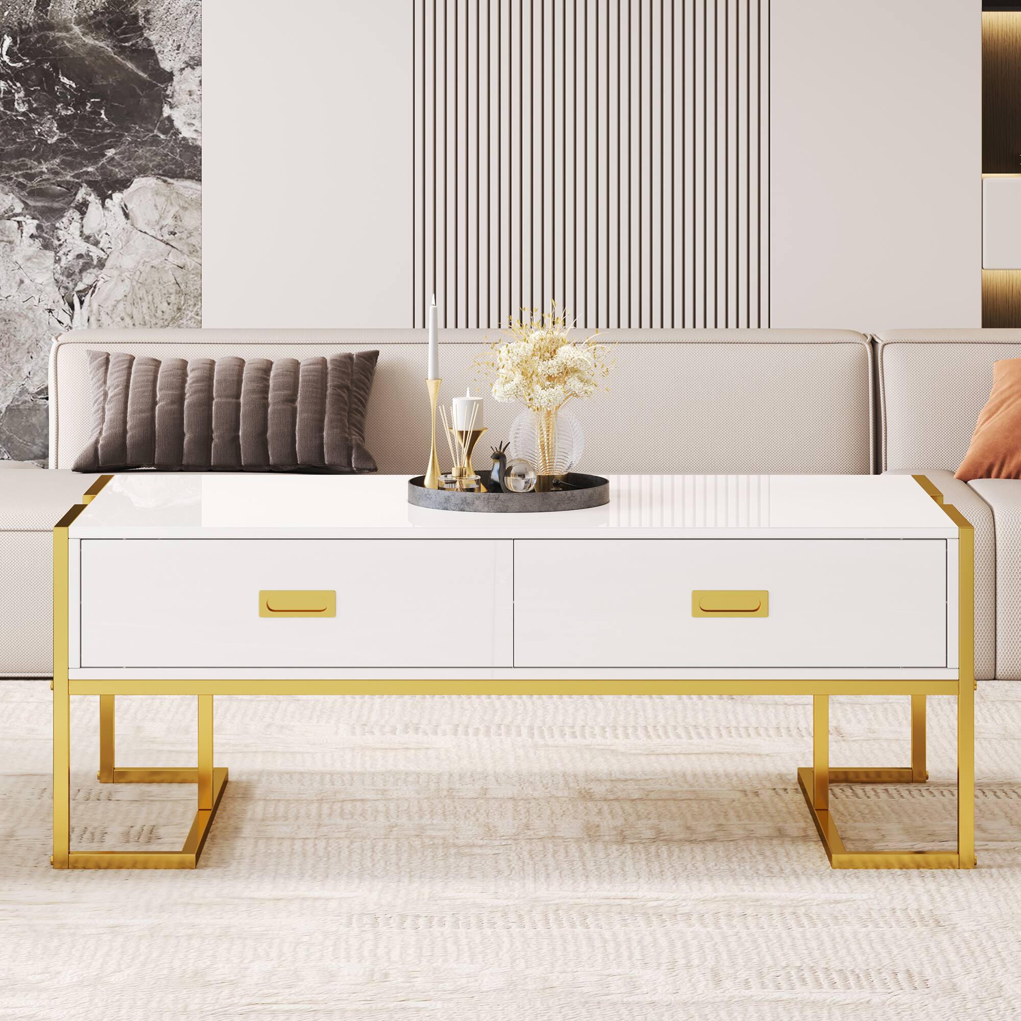 Angle. GOODSILO - Modern Rectangular Coffee Table with Drawers and Metallic Base - White+Gold.