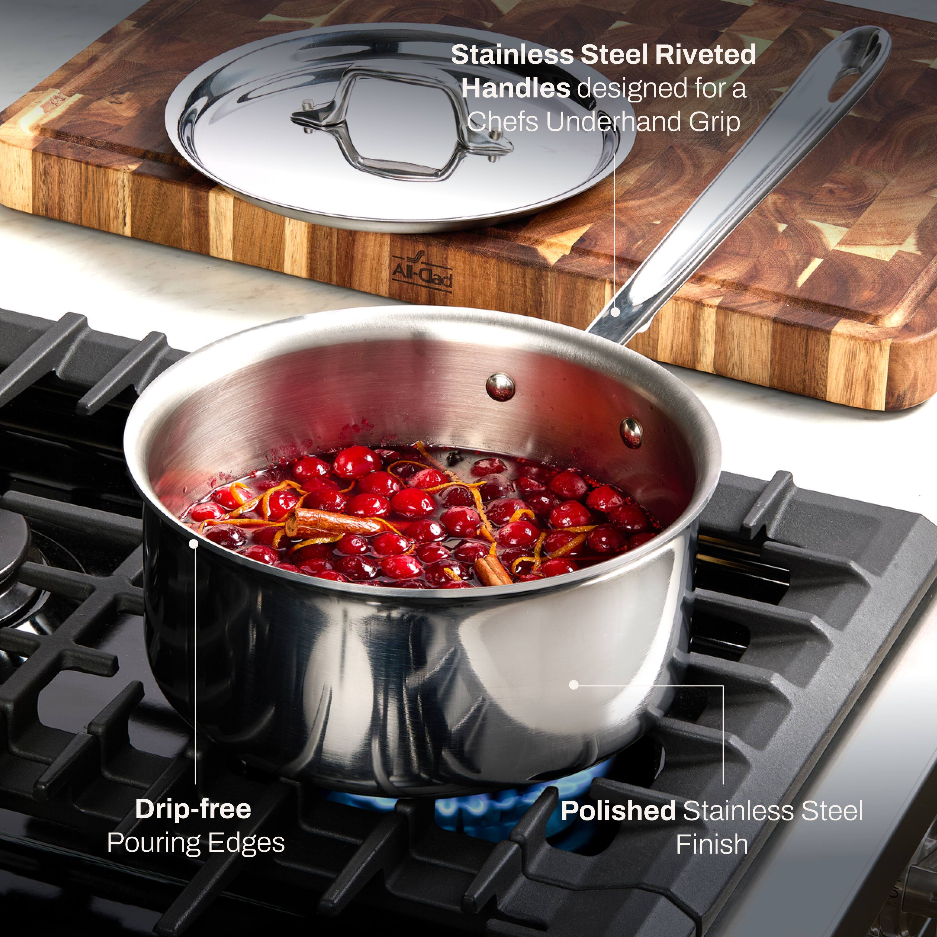 Stainless Steel Riveted Handles designed for a Chef's Underhand Grip

All-Clad

Drip-free Pouring Edges

Polished Stainless Steel Finish