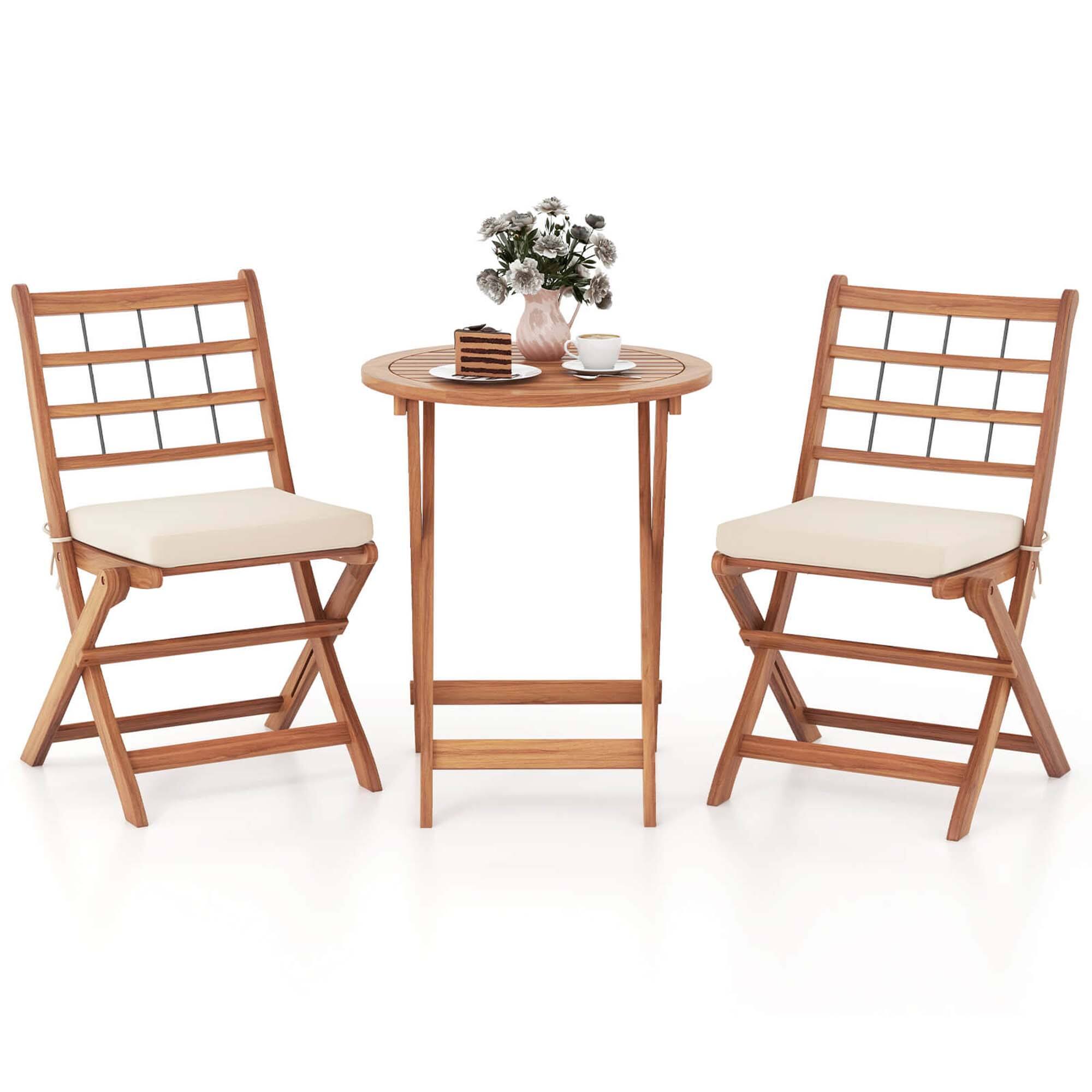 Alt View 1. Costway - 3 PCS Acacia Wood Patio Bistro Set Folding Outdoor Table and Chairs with Cushions - Off White,Natural.