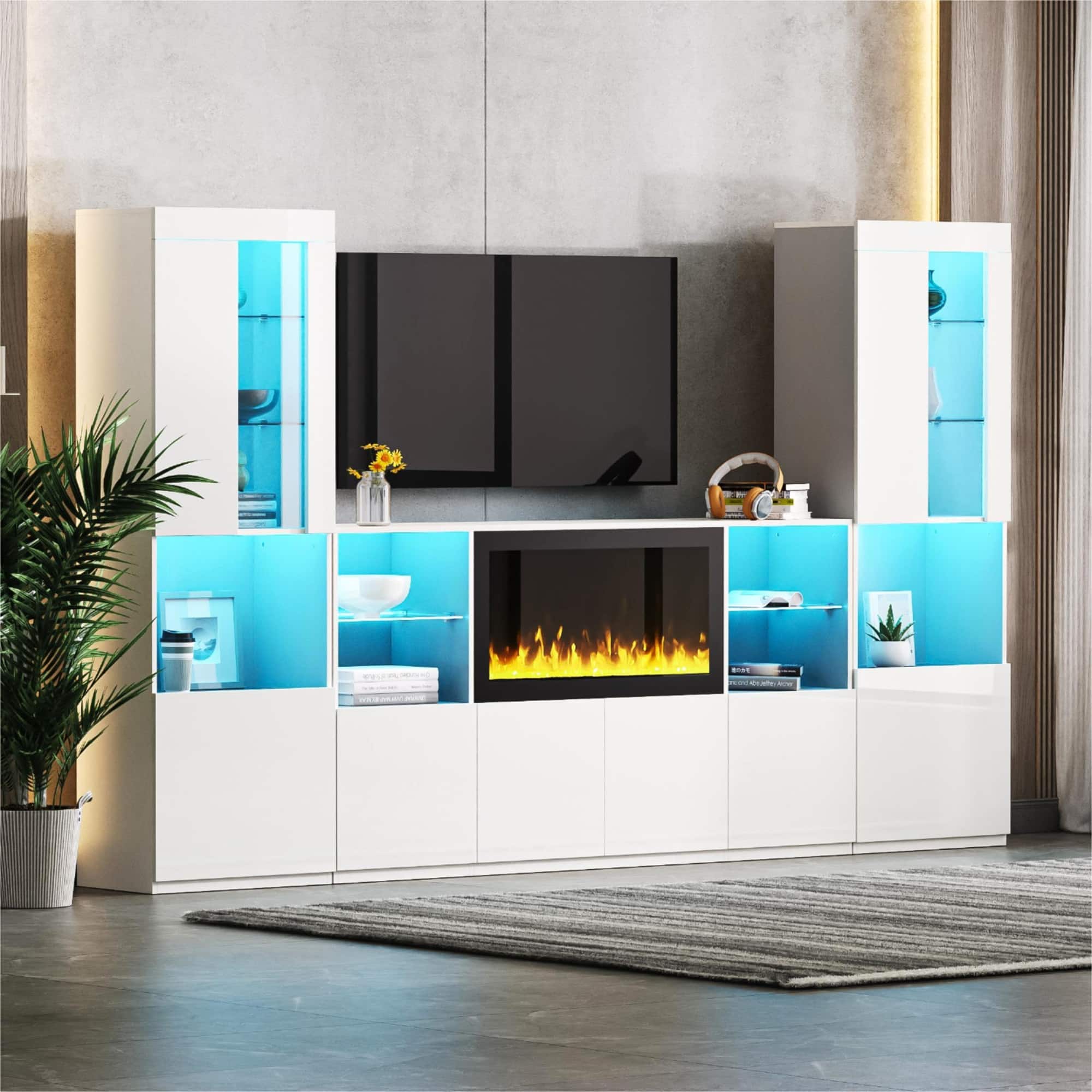 APRILSOUL - Modern TV Stand 342 Non heating Fireplace High Gloss LED Tempered Glass Shelves TVs up to 75 - White