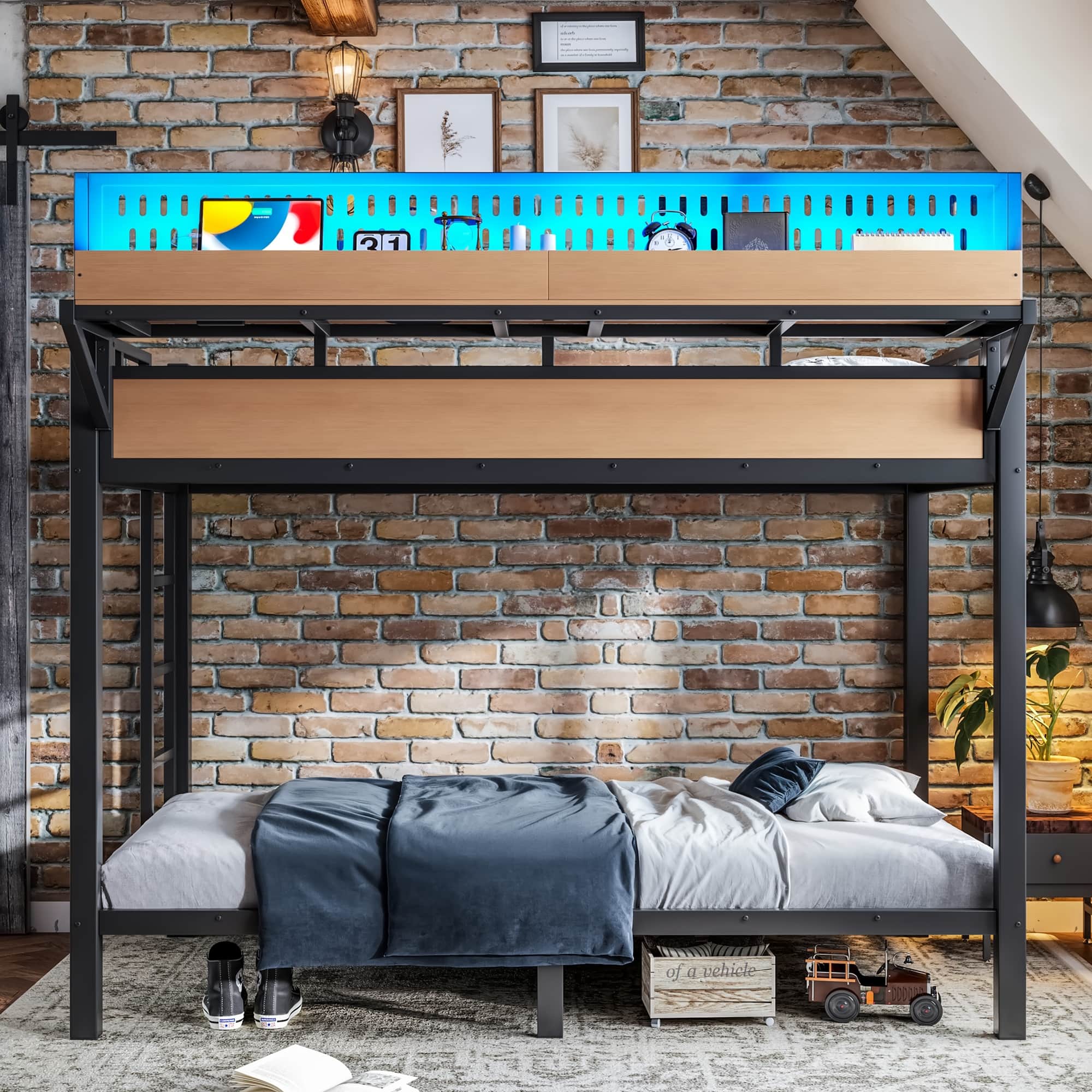Boyel Living - Twin XL over Twin XL Size Metal Bunk Bed with Storage Shelves and Pegboard Bunk Bed Frame - Black