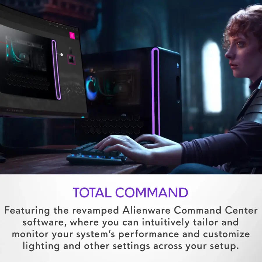 Featuring the revamped Alienware Command Center software, where you can intuitively tailor and monitor your system's performance and customize lighting and other settings across your setup.
