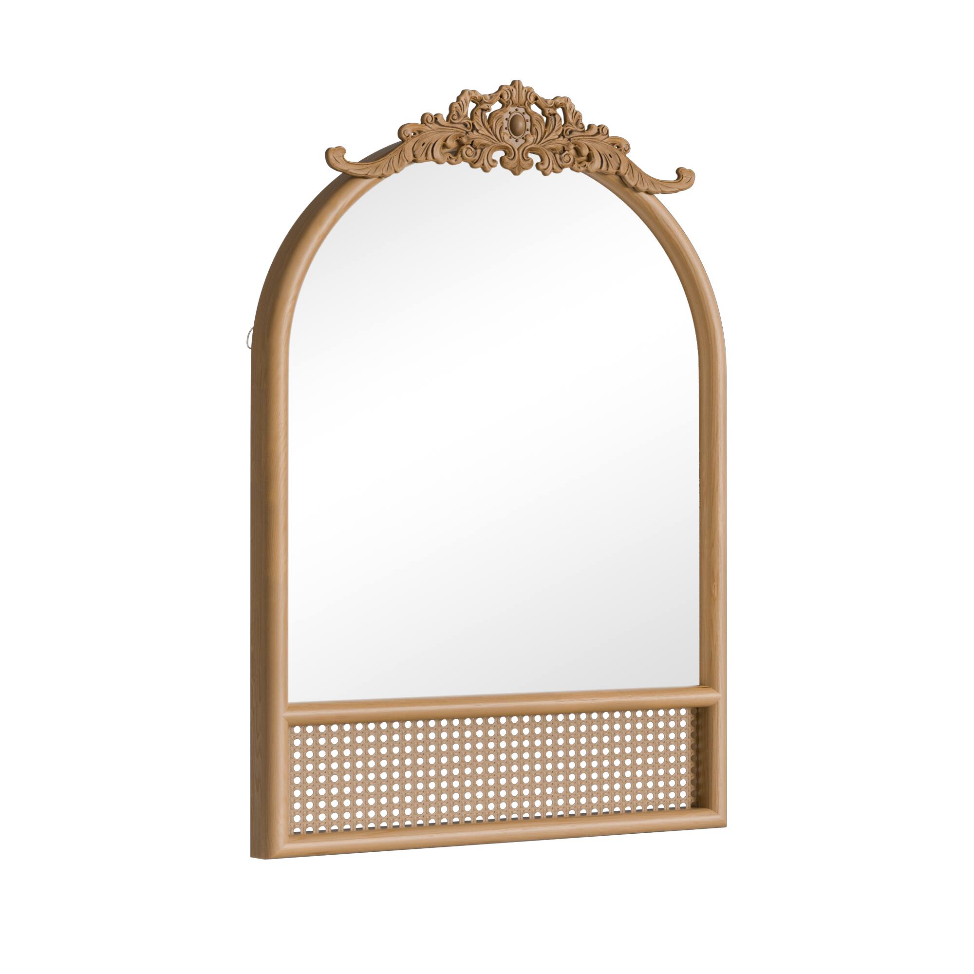 Angle. Lirago - 36" x 24" rattan weaving Arched Hanging Bathroom Mirror with Gold Scratch-Resistant Aluminum Alloy Frame - Brown.