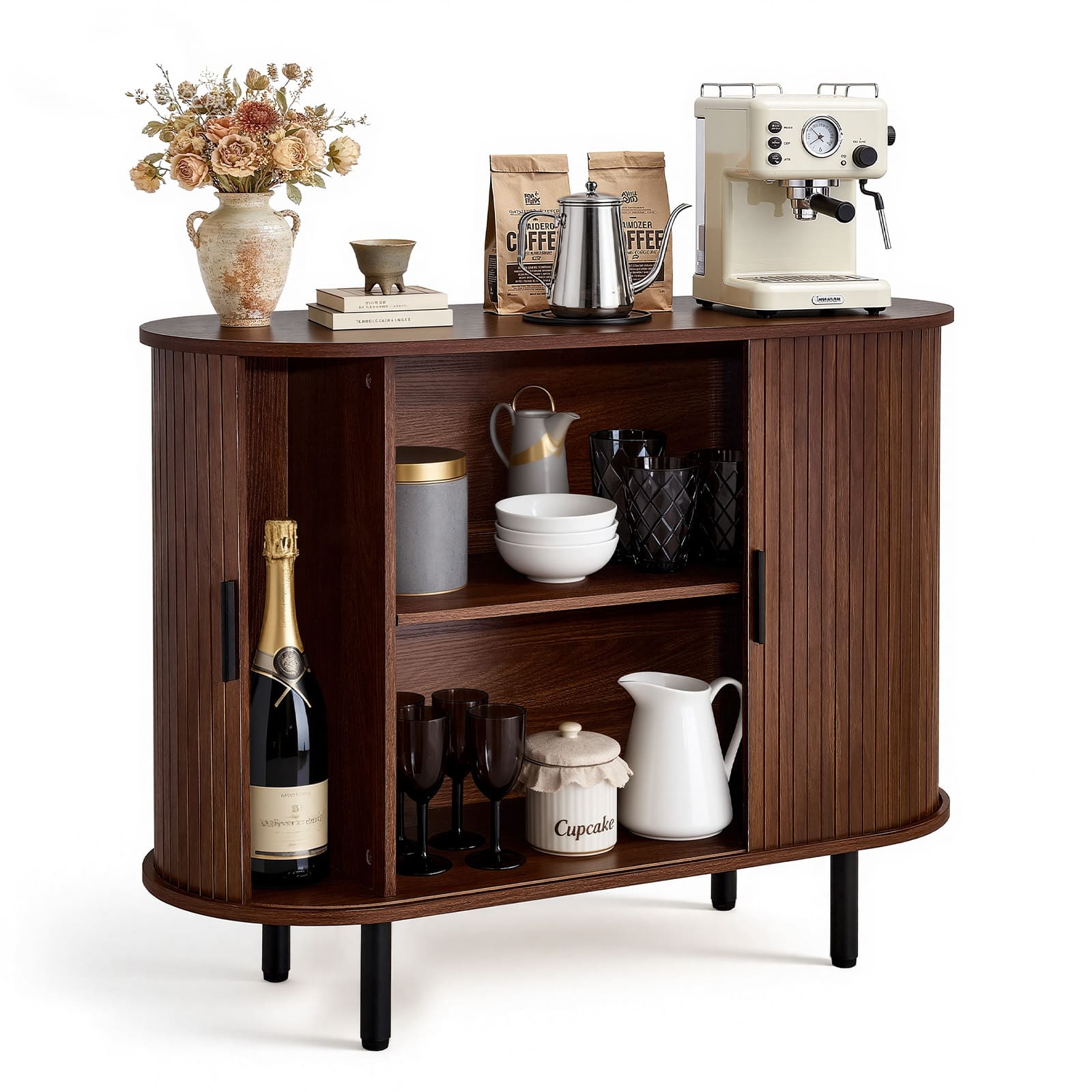VEVOR - Coffee Bar Cabinet, Mid Century Fluted Coffee Bar Table, Buffet Stand Cabinet with 2 Sliding Doors - Walnut + Black