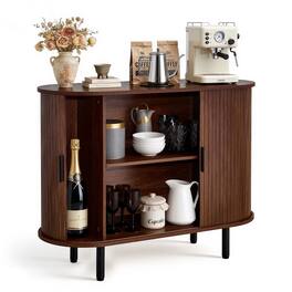 VEVOR - Coffee Bar Cabinet, Mid Century Fluted Coffee Bar Table, Buffet Stand Cabinet with 2 Sliding Doors - Walnut + Black
