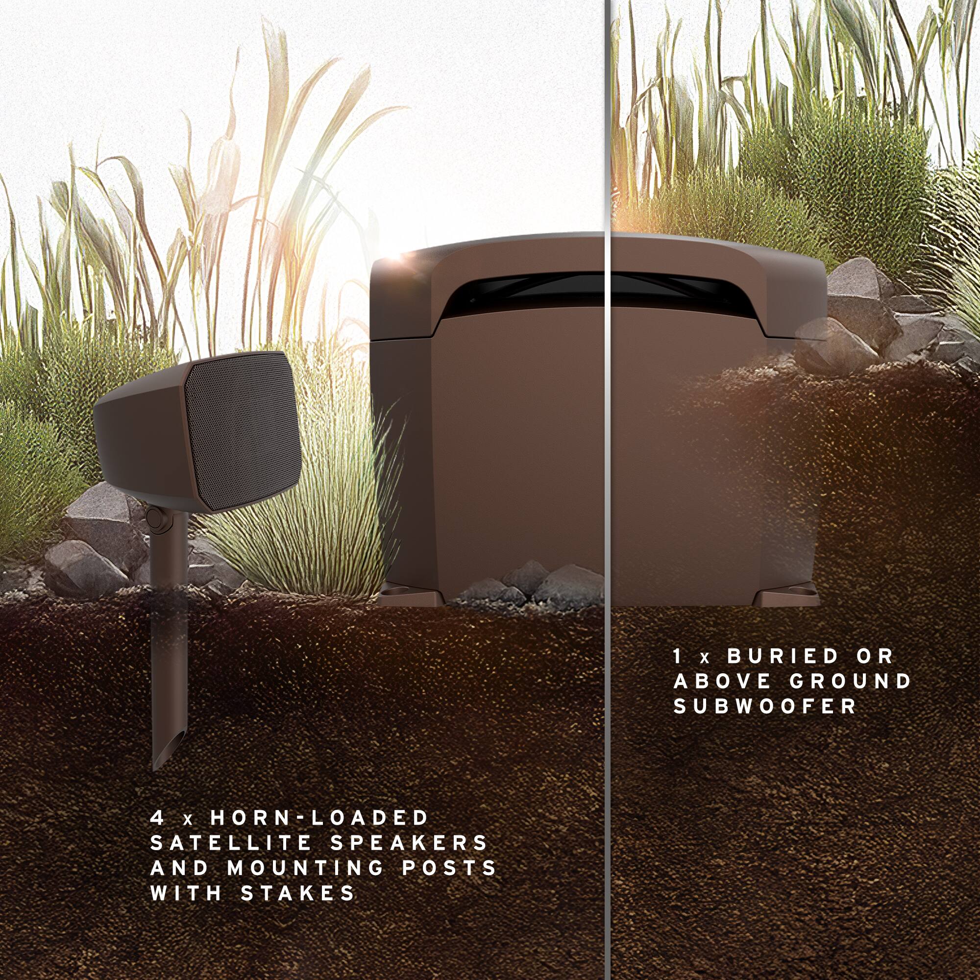 1 x BURIED OR ABOVE GROUND SUBWOOFER  
4 x HORN-LOADED SATELLITE SPEAKERS AND MOUNTING POSTS WITH STAKES