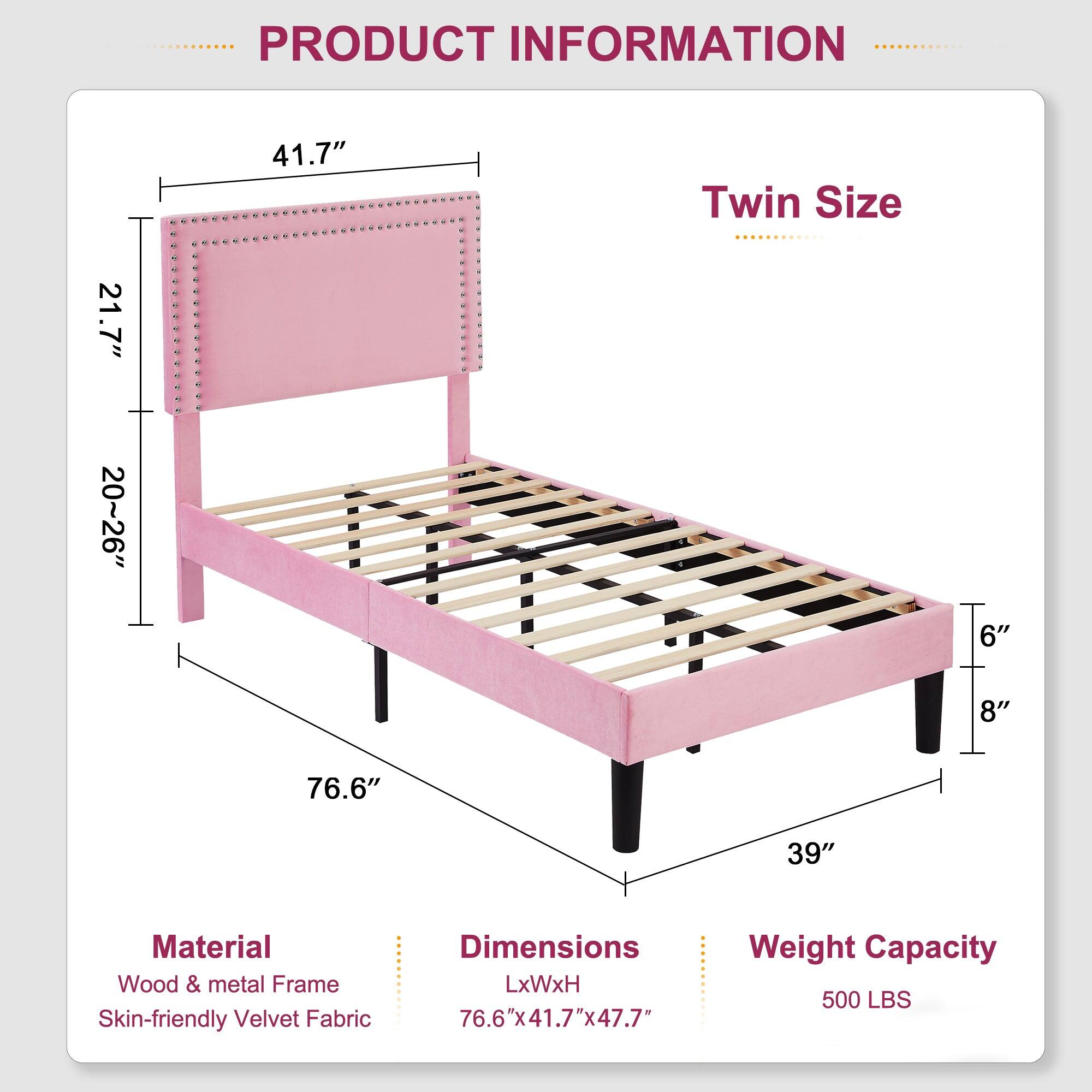 **PRODUCT INFORMATION**

- **Twin Size**

- **Material**
  - Wood & metal Frame
  - Skin-friendly Velvet Fabric

- **Dimensions**
  - LxWxH: 76.6" x 41.7" x 47.7"

- **Weight Capacity**
  - 500 LBS

- **Dimensions on Image**
  - 41.7" (width)
  - 21.7" (height)
  - 20-26" (adjustable height)
  - 76.6" (length)
  - 39" (depth)
  - 6" (side rail height)
  - 8" (leg height)