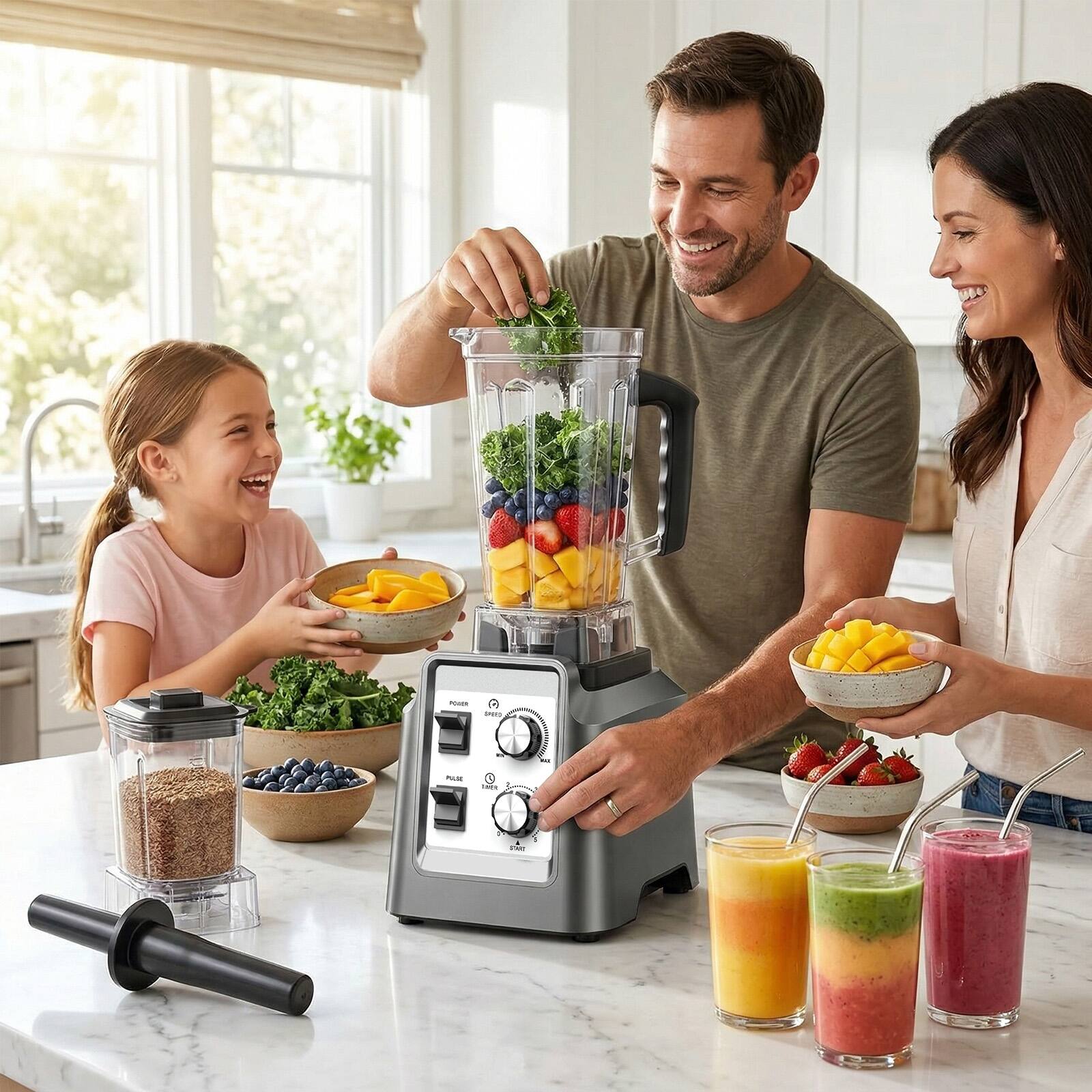 Left. Teendow - 1800W Professional High-Speed Blender Set - 68oz BPA-Free Pitcher and 20oz Grinder Cup, 6-Blade Stainless Steel System - Sliver.