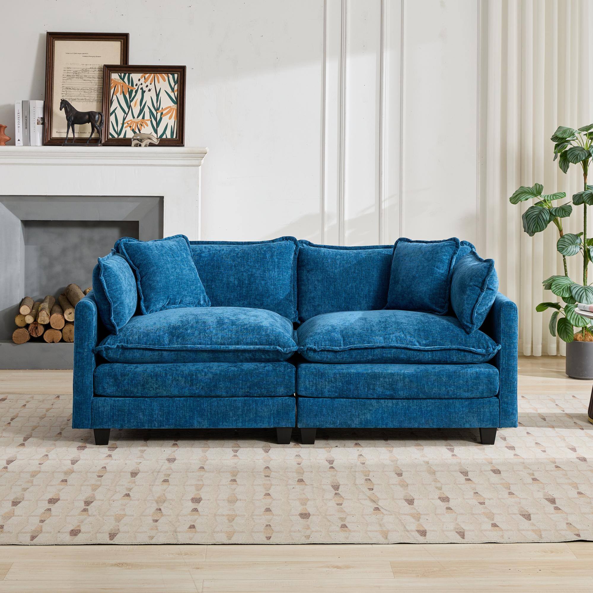 Left. TinyHomie - Blue Chenille Cloud Loveseat Sectional Sofa No Ottoman - Blue.