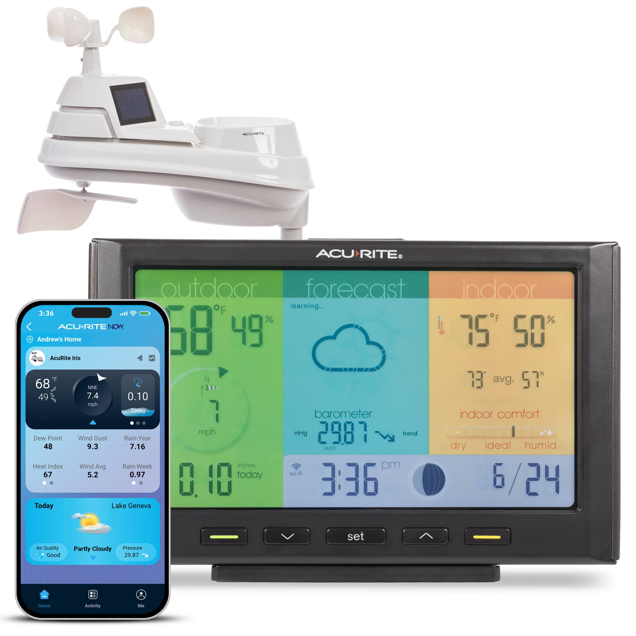 ACURITE

outdoor forecast

3:36

ACURITE NOW
Andrew's Home

68°F 49% AcuRite Iris
N 68°F 49% 7.4 0.10 mph
Today barometer 29.87 trend
Dew Point 48
Wind Gust 9.3
Heat Index 67
Rain-Year 7.16
Wind Avg 5.2
Rain-Week 0.97

indoor

75°F 50%
73 avg. 57
indoor comfort dry ideal humid

Air Quality Good
Partly Cloudy
Pressure 29.87

3:36 pm
6/24