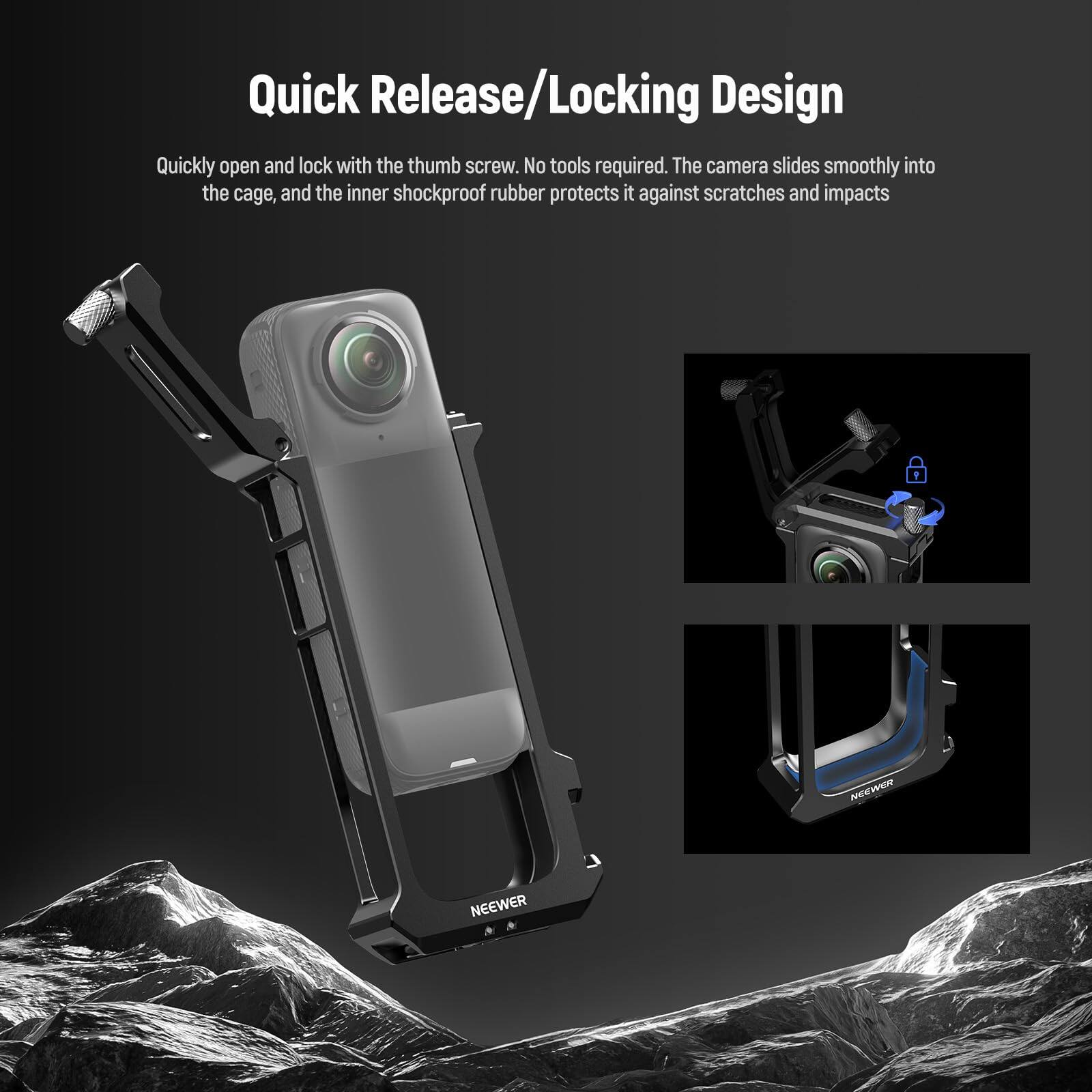 Quick Release/Locking Design  
Quickly open and lock with the thumb screw. No tools required. The camera slides smoothly into the cage, and the inner shockproof rubber protects it against scratches and impacts.