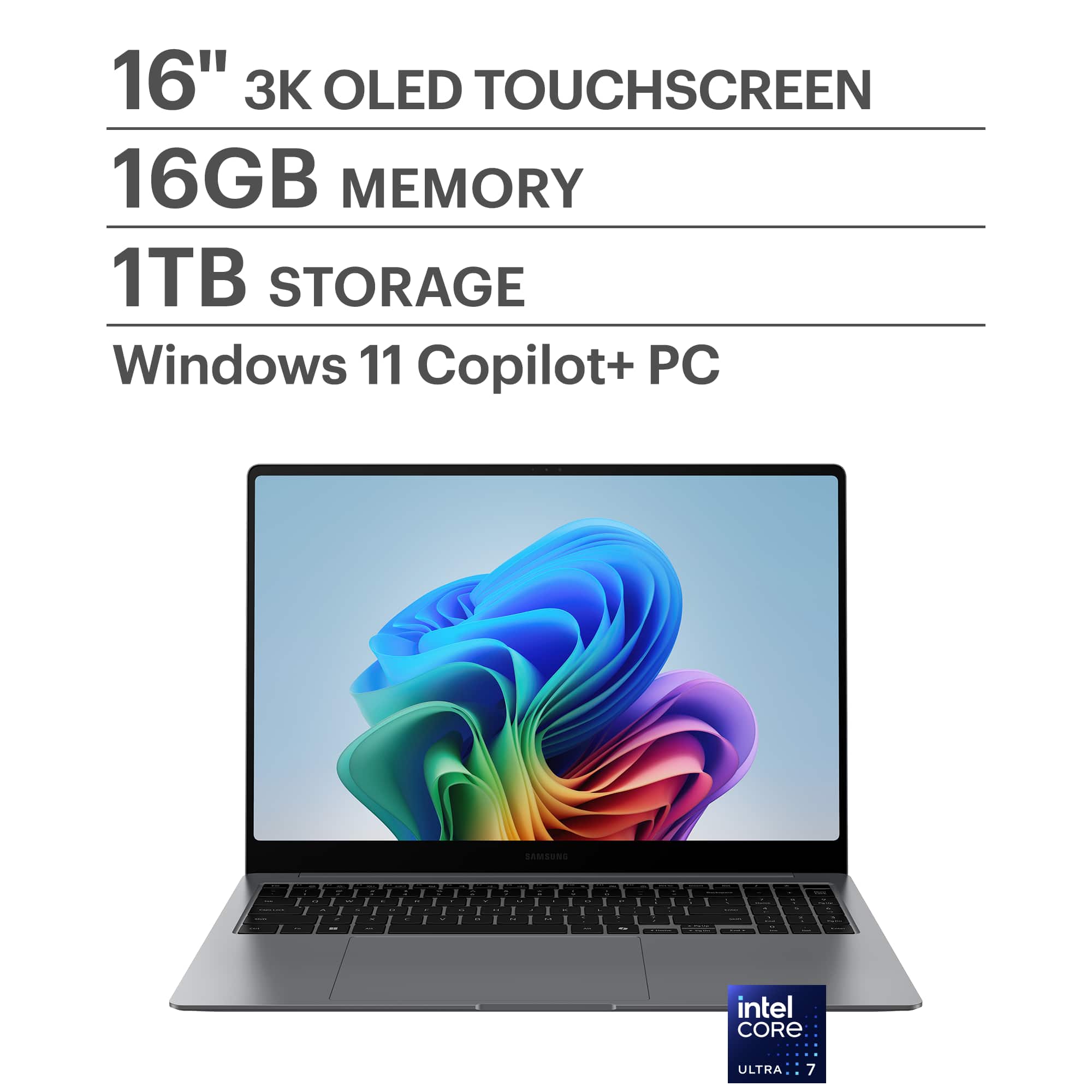 Samsung - Galaxy Book5 Pro - Copilot+ PC - 16" 3K AMOLED Touch-Screen Laptop - Intel Core Ultra 7 - 16GB Memory - 1TB SSD - Gray - Front_Zoom
