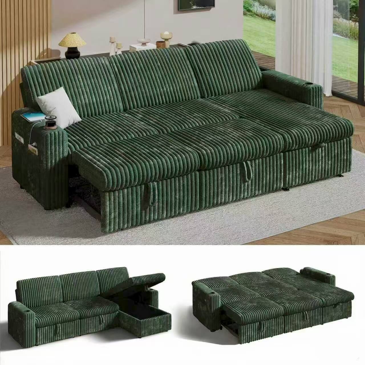 Back. Dyonery - Dyonery 101-inch modular sofa bed with backrest /USB port/cup holder, tool-free assembly, corduroy，Grey - Green.