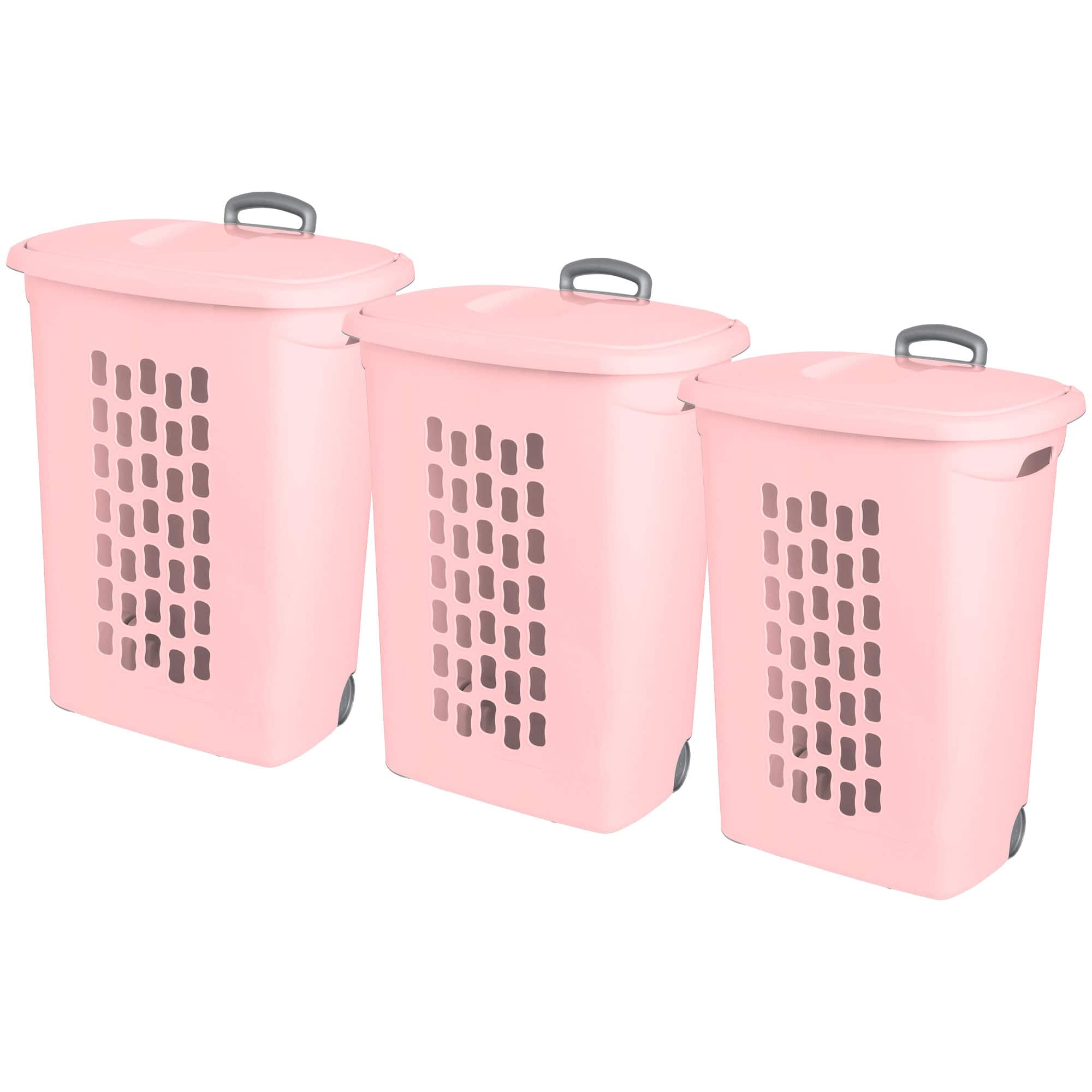 Sterilite - Ultra Wheeled Hamper, Laundry Basket w/Lid & Handle, Frost, 3 Pack - Pink