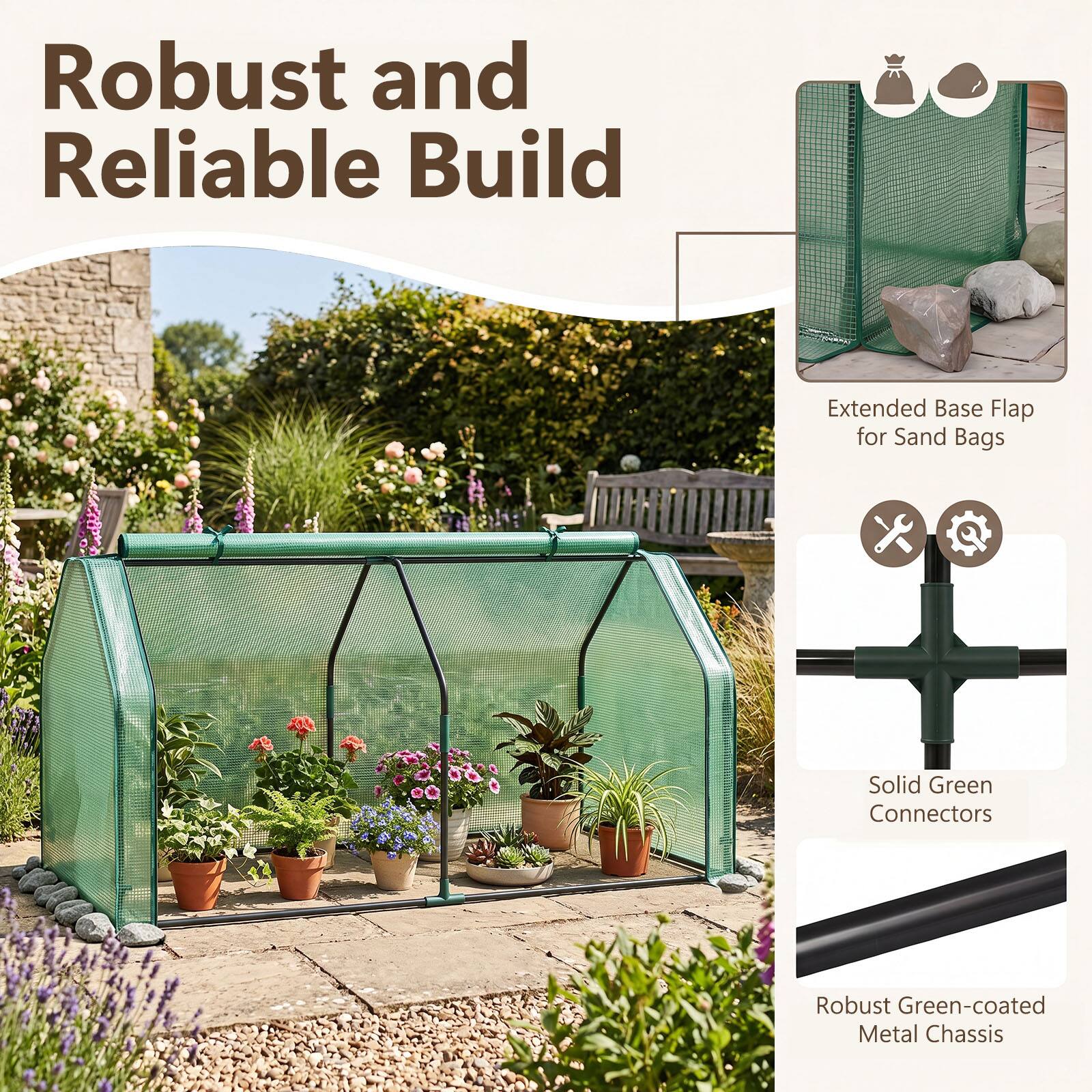 Robust and Reliable Build

Extended Base Flap for Sand Bags

Solid Green Connectors

Robust Green-coated Metal Chassis