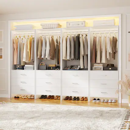 Front. Aheaplus - 8FT Wood Wardrobe System with 4 Hanging Rods and 12 Drawers, Clothes Rack for Closet/Bedroom, 4 Piece Set - White.