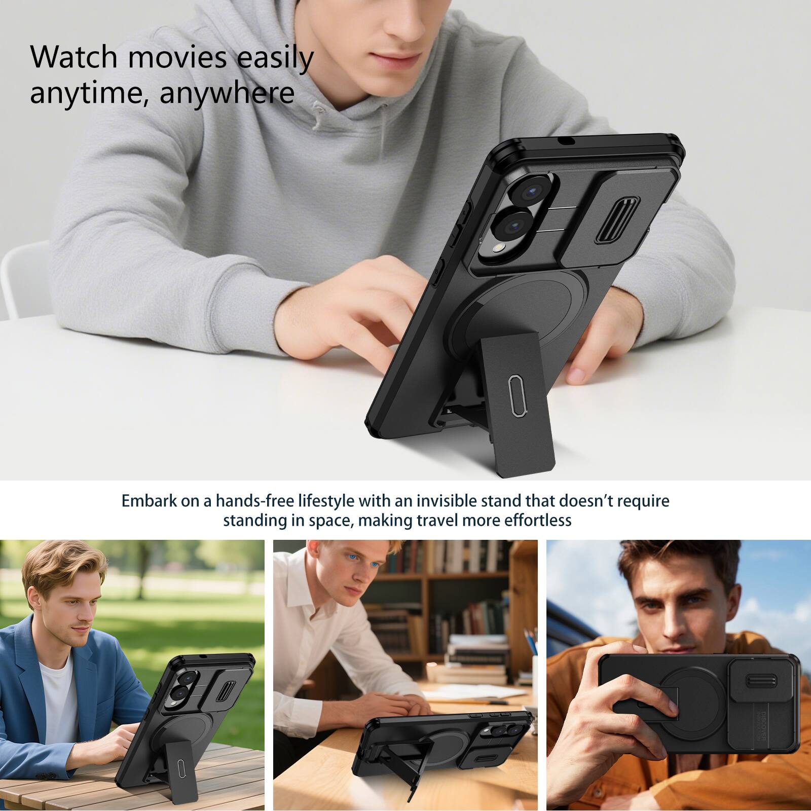 Watch movies easily anytime, anywhere

Embark on a hands-free lifestyle with an invisible stand that doesn't require standing in space, making travel more effortless