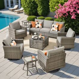 Ovios - 8 PCS Patio Furniture Sofa Set with Swivel Chairs, Coffee Table & Side Table for Porch - Dark Gray