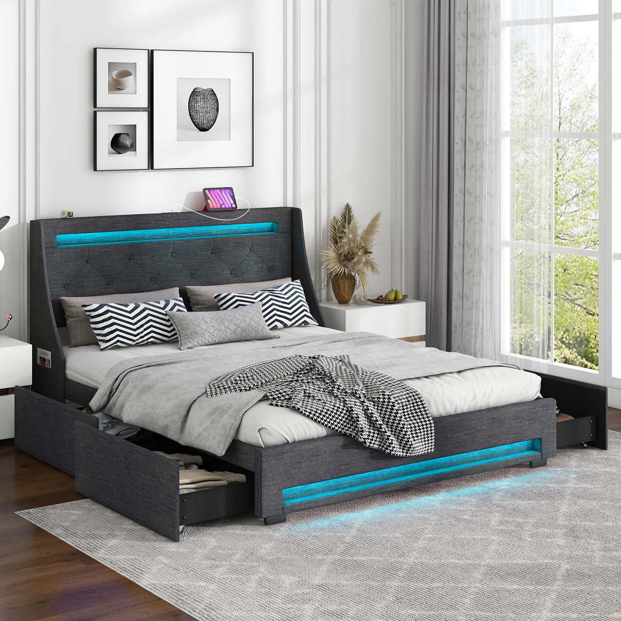 Back. Costway - Queen Size Bed Frame with LED Lights & Charging Station Upholstered Platform Bed - Gray.