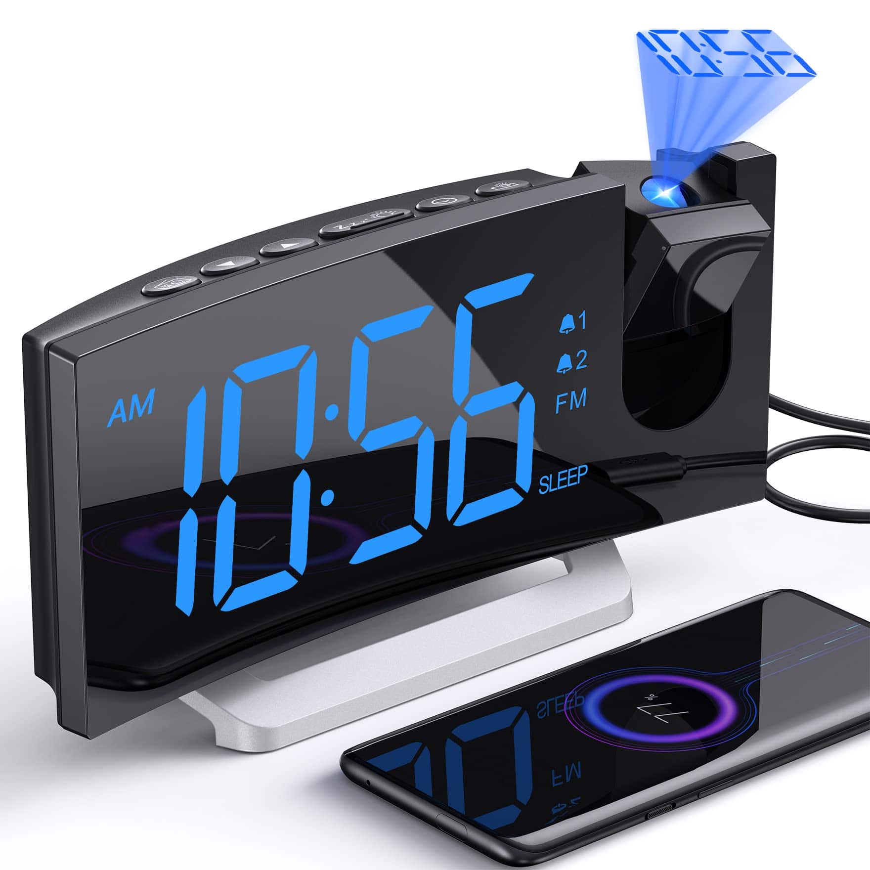 Dazzed Corner - Digital Clock,Projection Alarm Clock with FM Radio - Black