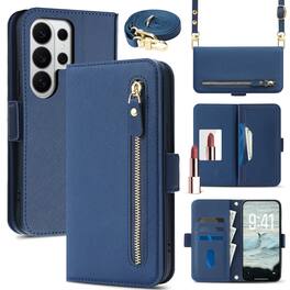 Dteck - For Samsung Galaxy S24 Ultra Shockproof Leather Zipper Flip Wallet Case With Mirror and Crossbody Strap - Blue