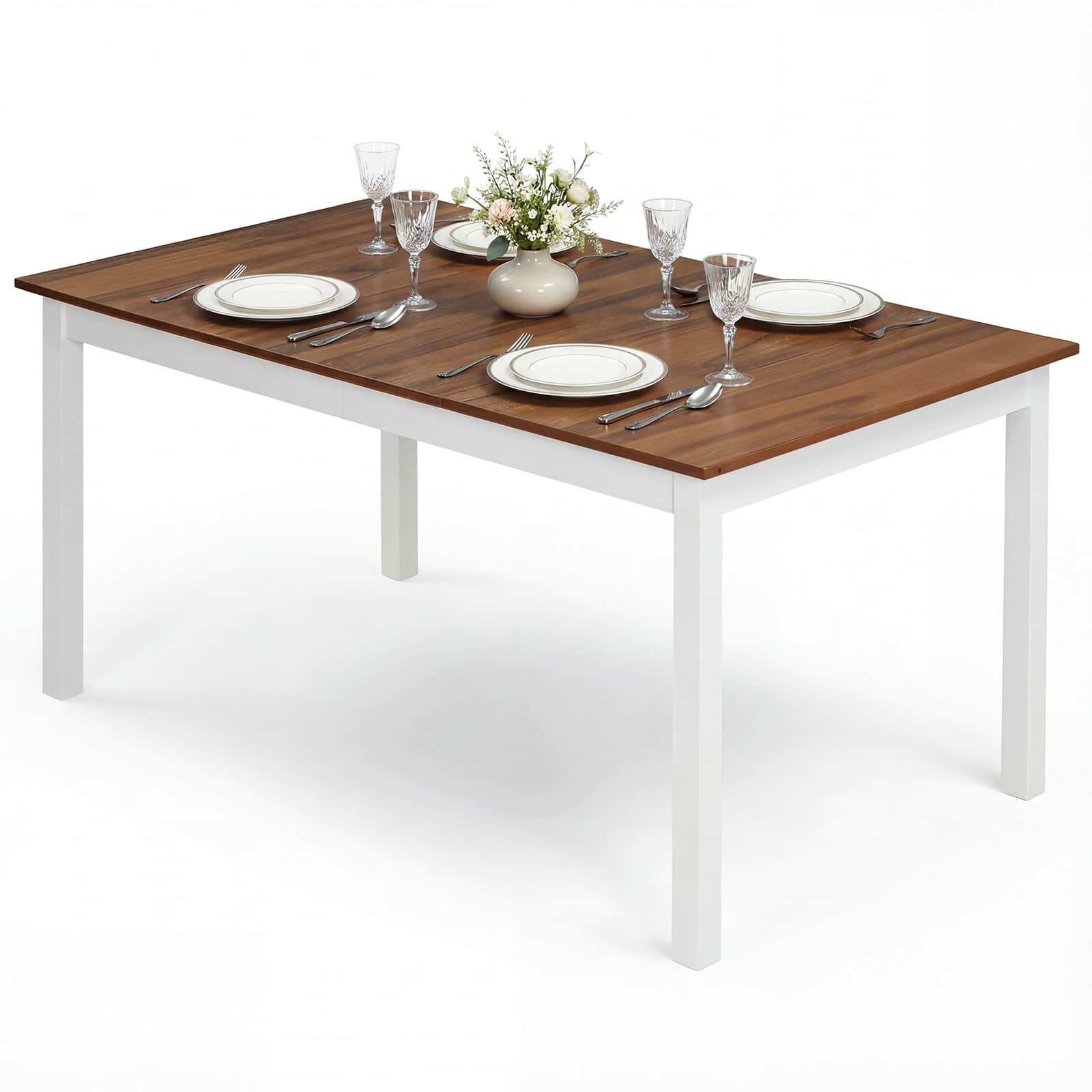 Gymax - 60'' Rectangular Dinner Table w/Solid Rubber Wood Legs for Kitchen Dining Room White - Brown