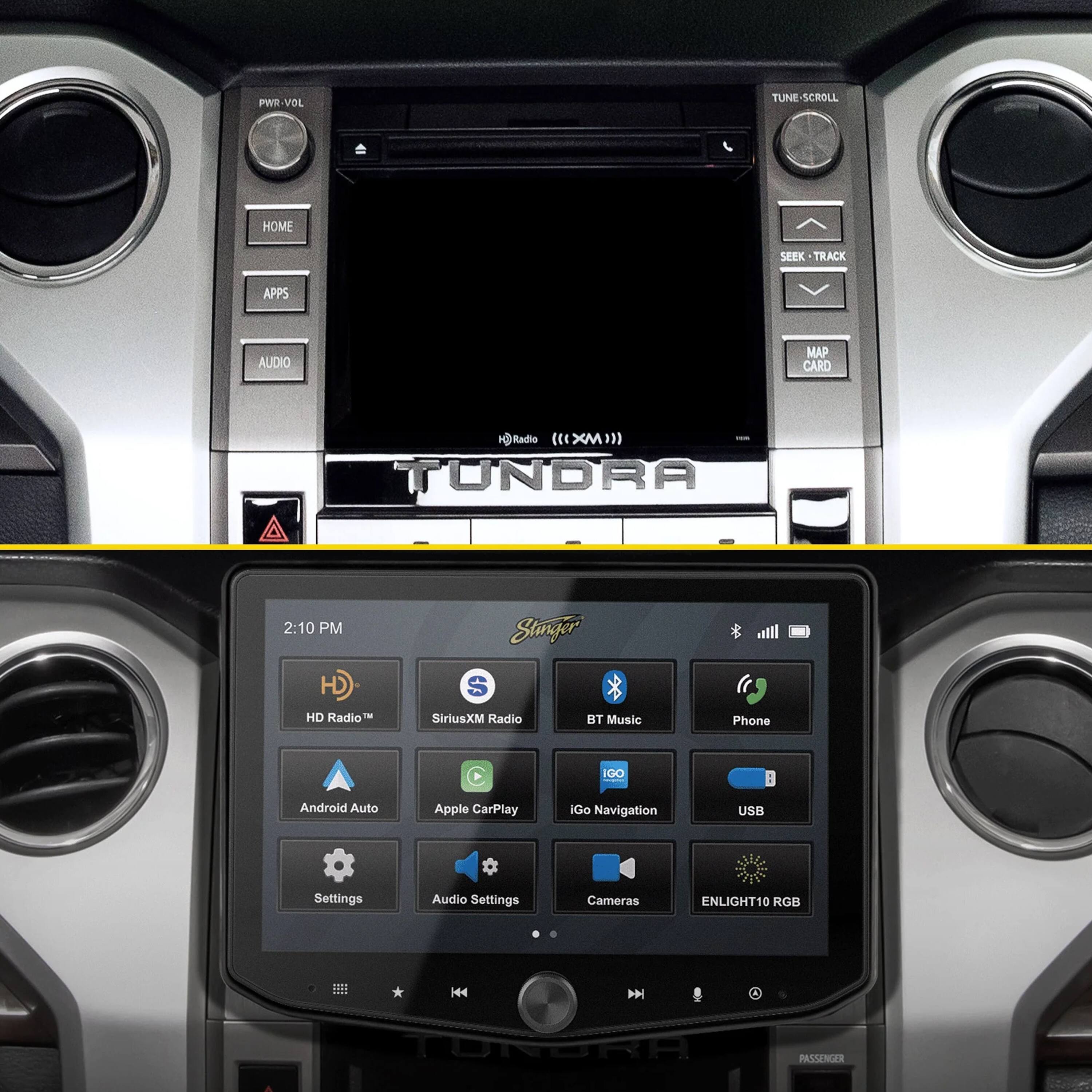 The text on the image can be grouped and corrected as follows:

1. Navigation:
- IGO
- Android Auto
- Apple CarPlay
2. Audio:
- Radio
- HD Radio
- SiriusXM Radio
- Bluetooth Music
- Phone
3. Home Screen:
- Track
- Seek
- Home
- Scroll
4. Apps:
- Stanger S
- PinS
- ENLIGHT10 RGB H44

The corrected text is organized in a logical manner, grouping similar items together.