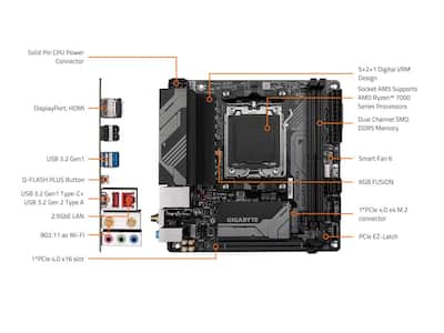 GIGABYTE A620I AX AM5 Mini ITX Motherboard, DDR5, PCIe 4.0, Wi Fi GIGABYTE A620I AX AM5 Mini ITX Motherboard, DDR5, PCIe 4.0, Wi Fi