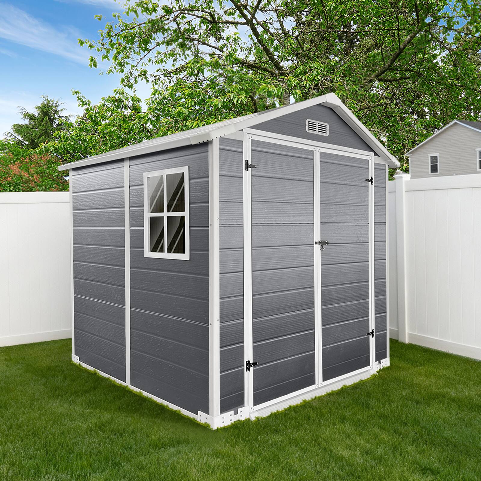 Front. Anysun - 6x6ft Plastic Outdoor Storage Shed with Floor & Lockable Door, Waterproof Garden Tool Shed for Backyard or Lawn - Grey.