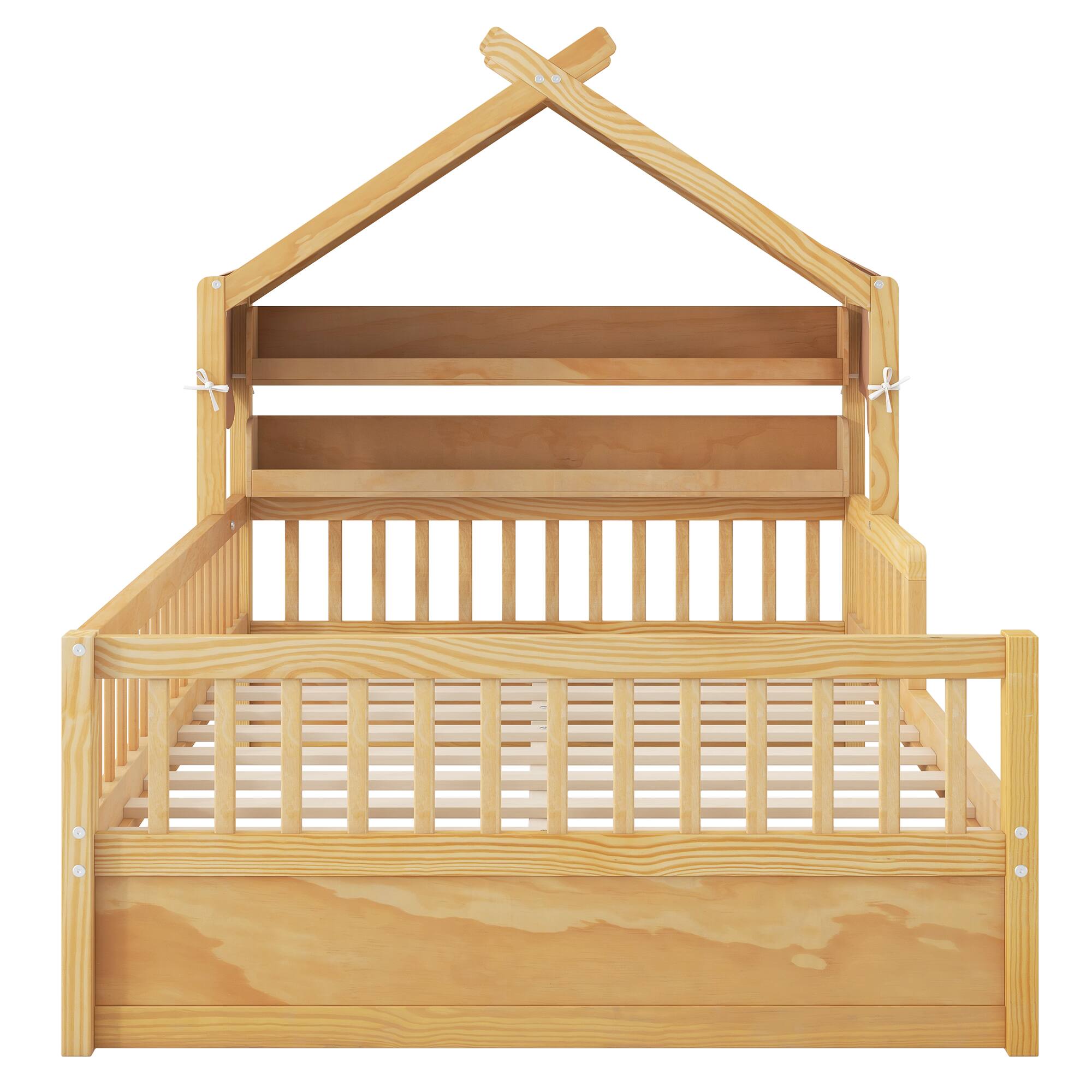 Back. Whisen - Wooden House Platform Bed with Storage Headboard Shelf and Fabric Canopy - Natural.