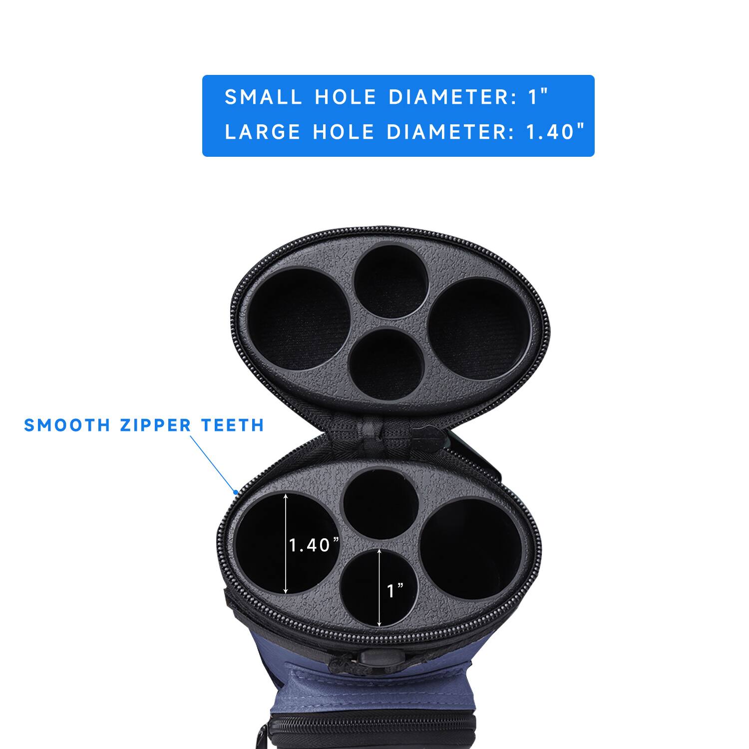 SMALL HOLE DIAMETER: 1"
LARGE HOLE DIAMETER: 1.40"
SMOOTH ZIPPER TEETH 1 1.40"