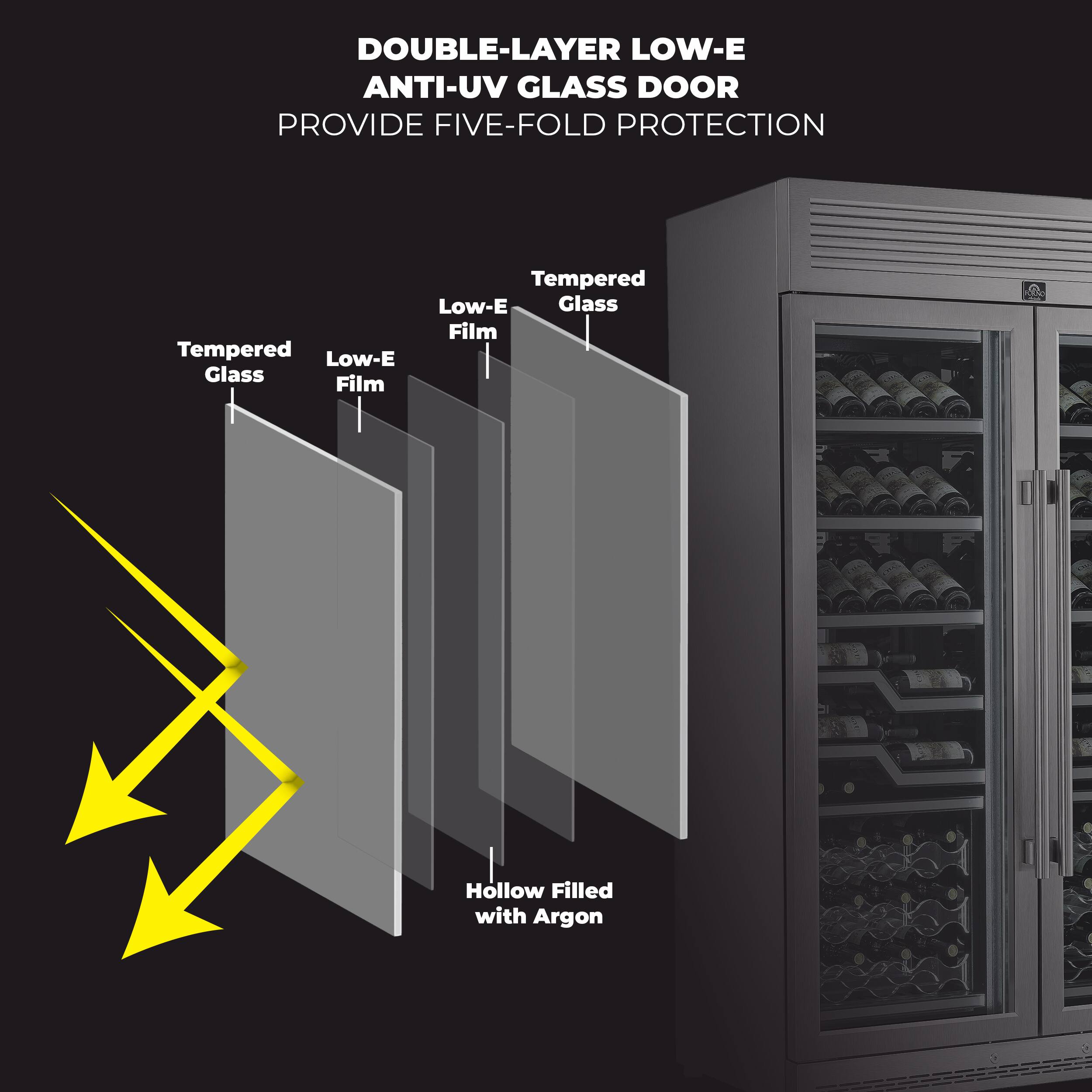 The image features a double-layer low-E anti-UV glass door that provides five-fold protection. The door is made of tempered low-E glass film, which is hollow filled with argon. This design helps to maintain a consistent temperature inside the refrigerator while also providing protection from UV rays.