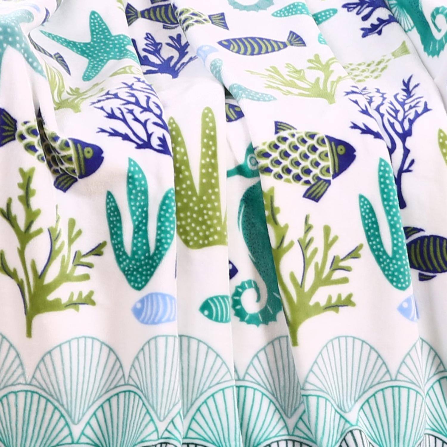 Alt View 3. Noble House - Plazatex Nautical Ocean Coral Plush All Season Decorative Throw Blanket 50" x 60" White & Blue - White & Blues.