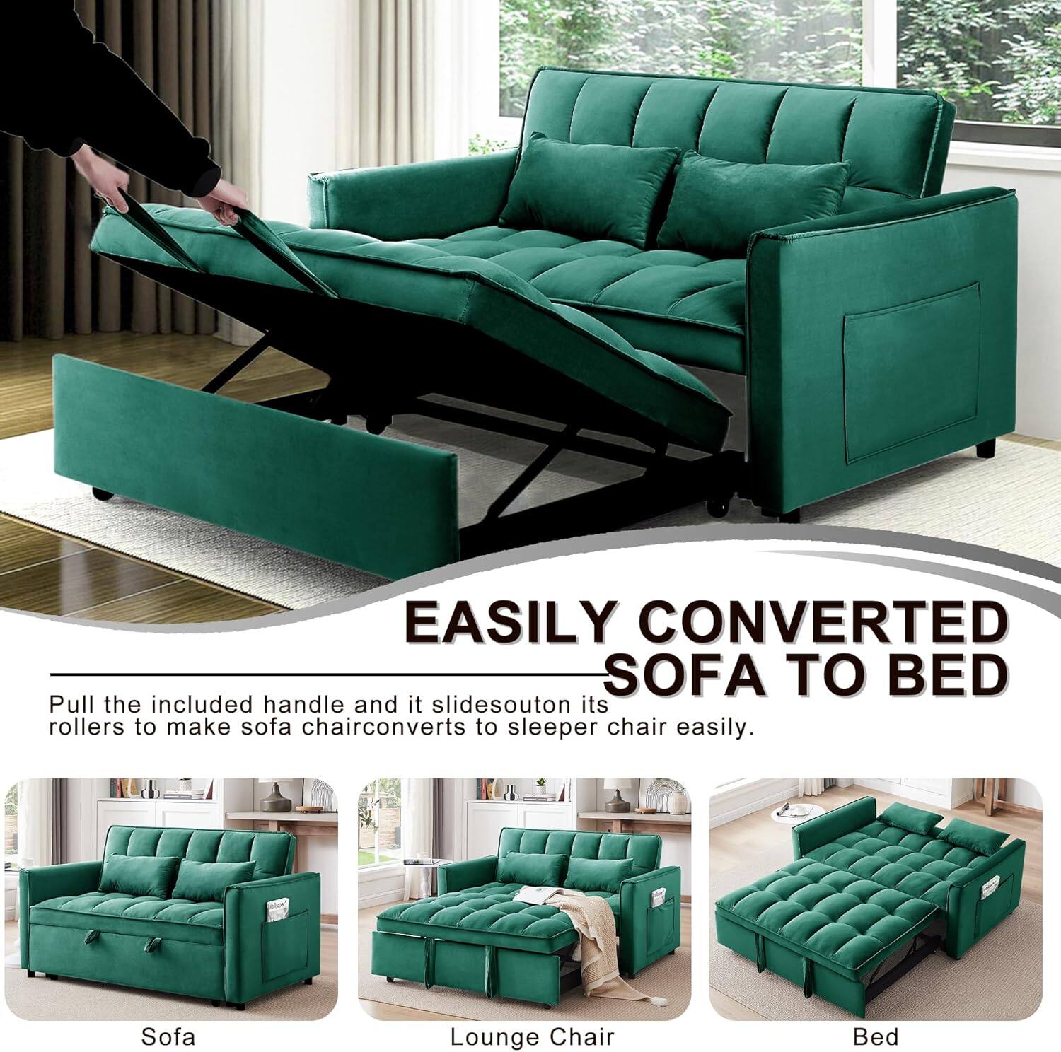 EASILY CONVERTED SOFA TO BED
Pull the included handle and it slides out on its rollers to make sofa chair converts to sleeper chair easily.
Sofa
Lounge Chair
Bed