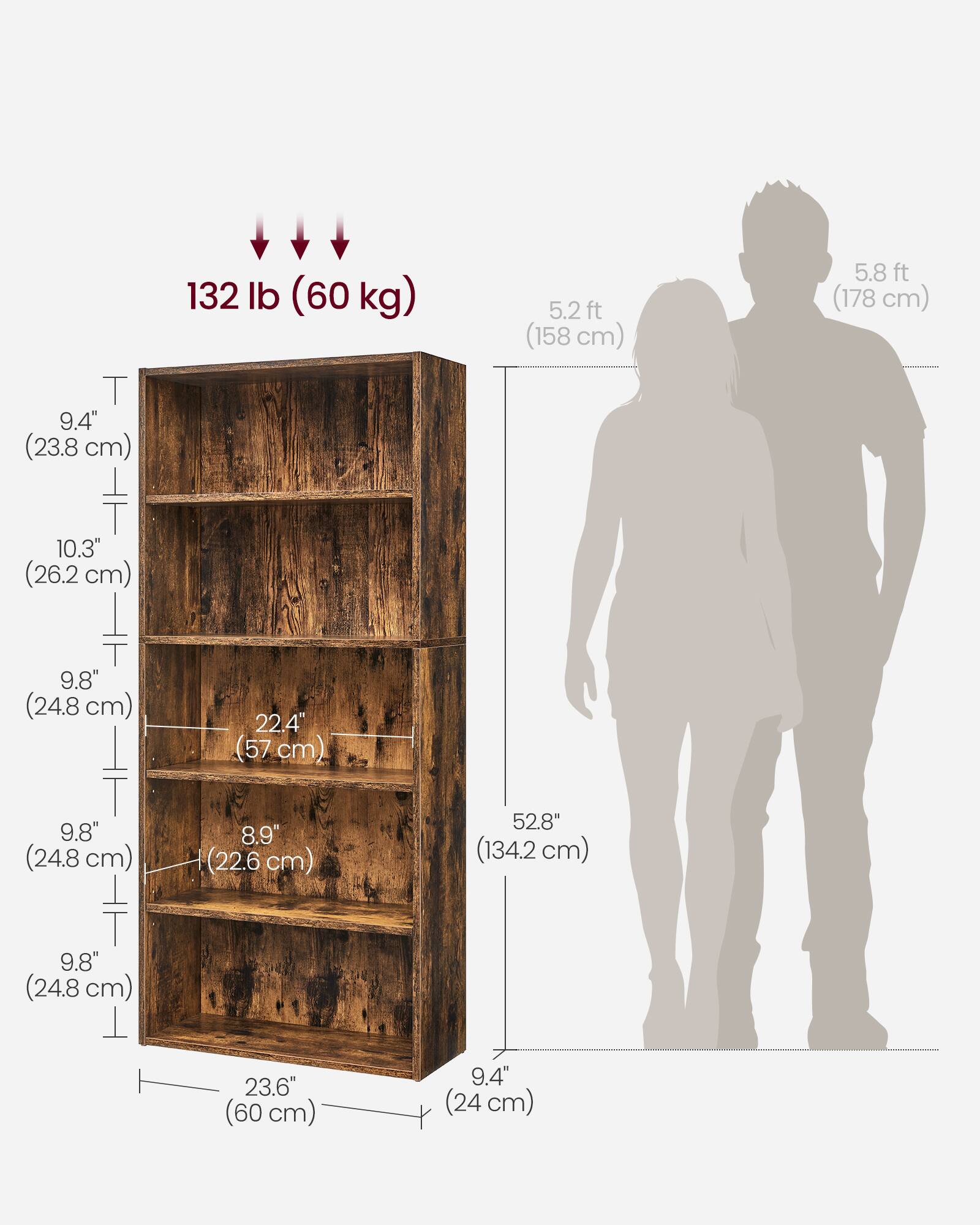 Sure, here is the corrected and grouped text:

- **Weight Capacity:** 132 lb (60 kg)
- **Dimensions:**
  - **Height:** 52.8" (134.2 cm)
  - **Width:** 23.6" (60 cm)
  - **Depth:** 9.4" (24 cm)
  - **Shelf Spacing:**
    - 9.4" (23.8 cm)
    - 10.3" (26.2 cm)
    - 9.8" (24.8 cm)
    - 9.8" (24.8 cm)
    - 8.9" (22.6 cm)
    - 9.8" (24.8 cm)
  - **Shelf Depth:** 22.4" (57 cm)
- **Reference Heights:**
  - 5.2 ft (158 cm)
  - 5.8 ft (178 cm)