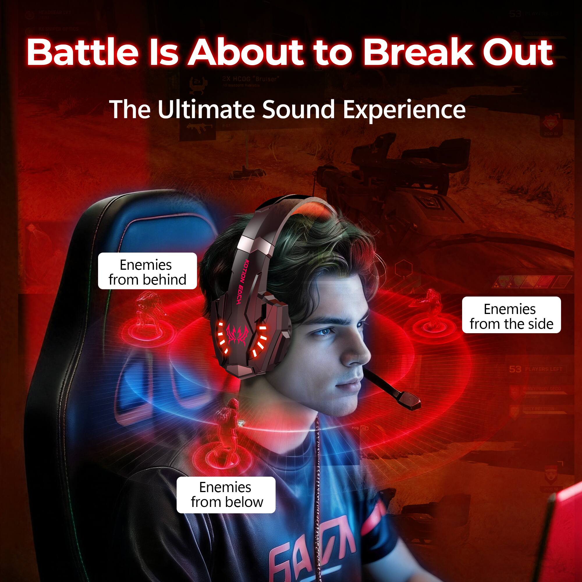 HEADGEAR LV3

53

Battle Is About to Break Out 2X HCOG "Bruiser" 4

The Ultimate Sound Experience

Enemies from behind

KOTION EACH

Enemies from the side

53 PLAYERS LEFT

HOLY PRESTON

Enemies from below