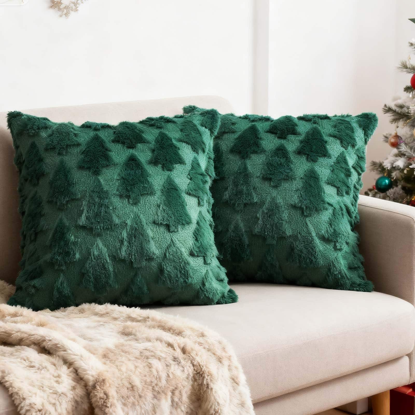 Stylel Star - ONFAON Christmas Decorations -Christmas Pillow Covers 18 x 18 Inches Set of 2,Soft Plush Faux Fur Wool Beige Xmas Tre - Fall15