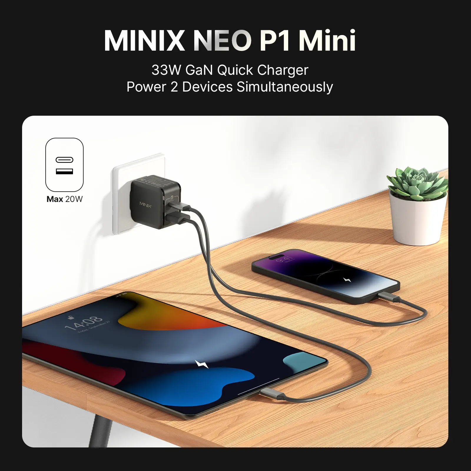 MINIX NEO P1 Mini 33W GaN Quick Charger Power 2 Devices Simultaneously Max 20W ME-C  2 14:08 fode