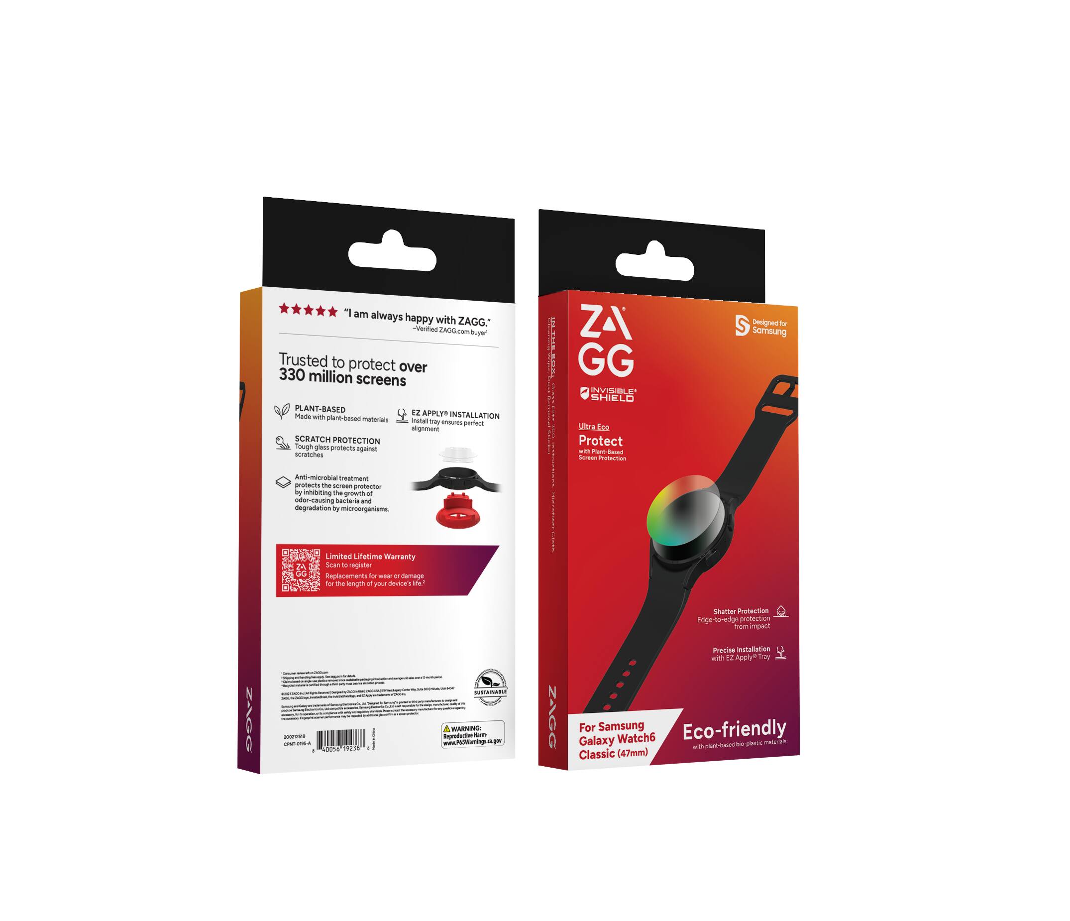 **Left Box:**

- "I am always happy with ZAGG" - eCA0G.cum
- Trusted to protect over 330 million screens
- Plant-based materials
- Scratch Protection
- Anti-microbial treatment protects against the growth of degradation by microorganisms
- Limited Lifetime Warranty
- Scan to register for the length of your device's life
- EZ APPLY INSTALLATION
- Precise installation for a perfect fit
- Warning: www.PlatinumShield.com
- For Samsung Galaxy Watch6 Classic (47mm)
- Eco-friendly
- www.PlatinumShield.com

**Right Box:**

- ZAGG
- INNOVATIVE SHIELD
- Ultra Eco Protect
- Designed to Samsung
- Scratch Protection
- Edge-to-edge protection from impact
- Precise installation for a perfect fit
- Eco-friendly
- For Samsung Galaxy Watch6 Classic (47mm)