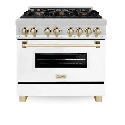 Front. ZLINE - Autograph 36" Legacy Dual Fuel Range w/ 6 Burners & White & Gold Accents (RAZ-WM-36-G) - Stainless steel.
