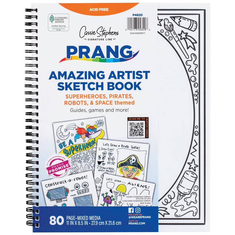 ACID FREE  
SUSTAINABLE FORESTRY  
Certified Sourcing  

Cassie Stephens  
SIGNATURE LINE  

PRANG  
AMAZING ARTIST SKETCH BOOK  
SUPERHEROES, PIRATES, ROBOTS, & SPACE themed  
Guides, games and more!  

SCAN ME TO WATCH VIDEO!  

BE A SUPERHERO!  
1. Draw Eyes!  
2. Draw a Nose, and Mouth!  

Let's Draw a Pirate Selfie!  

Construct-a-robot!  

Let's Draw ... ALIENS!  

80 PAGE-MIXED MEDIA  
11 IN X 8.5 IN - 27.9 cm X 21.6 cm  

FOLLOW US:  
@WEAREPRANG  
PRANG.COM  

P4820  
XXXXXDCMMYY